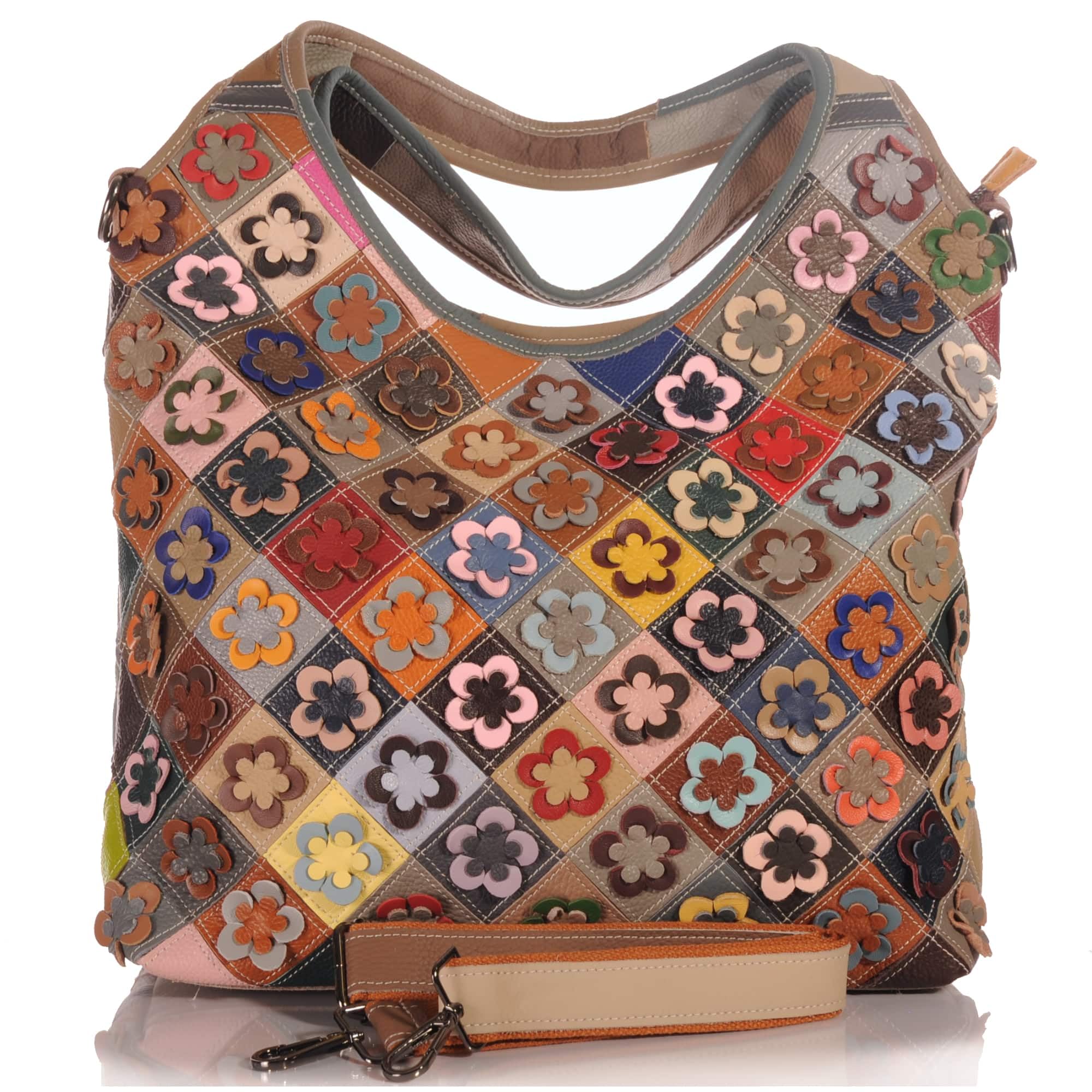 KMISSO Damen Schultertasche Leder Patchwork Blumen – großer Shopper aus Echtleder, designed in Italy, bunte Hobo Bag 44x32x14 cm mit Reißverschluss & Innenfächern