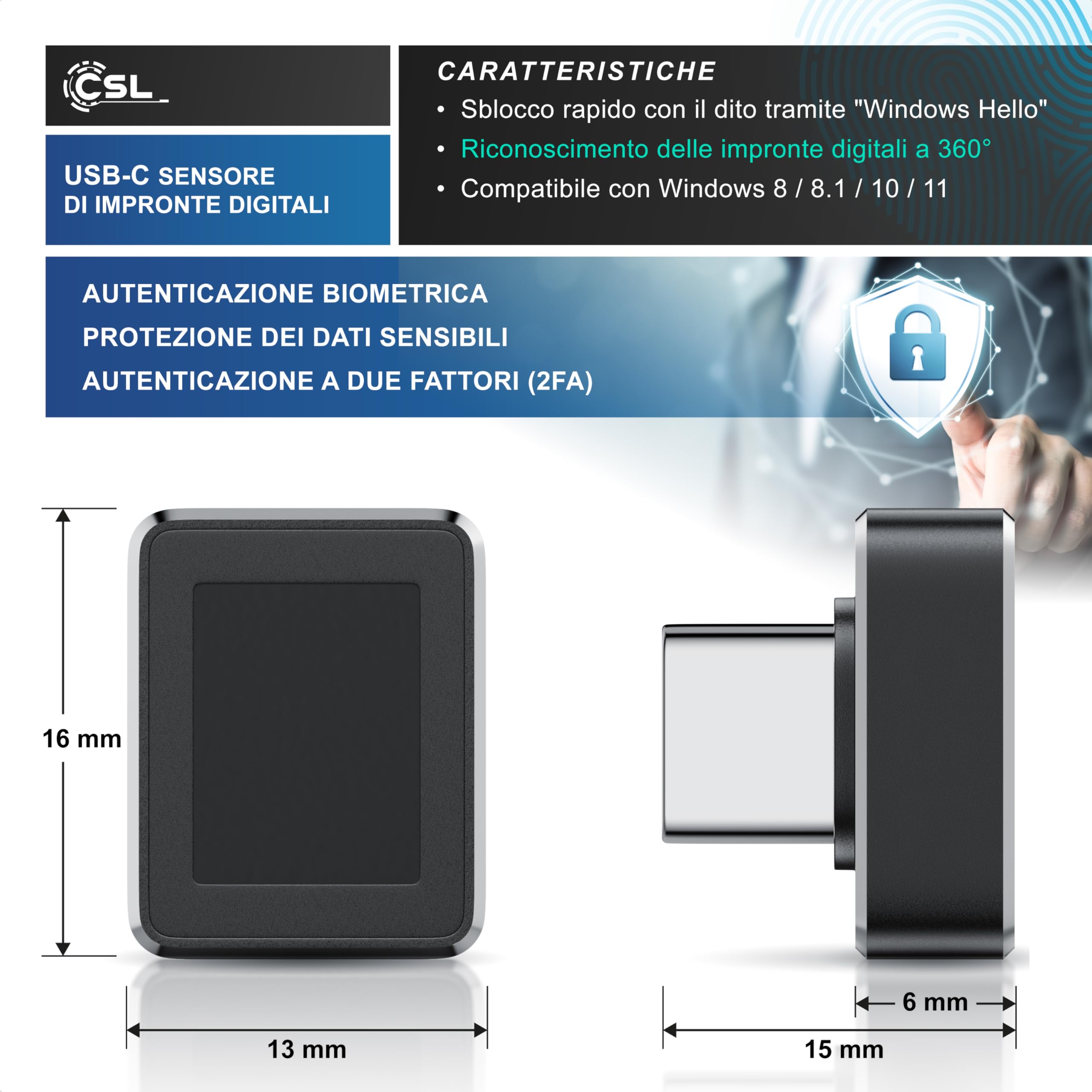 CSL - Chiavetta USB-C con Lettore di Impronte Digitali, Lettore di Impronte digitali USB per Windows10/11, Supporta Fino a 10 ID, Plug & Play, Riconoscimento a 360°, Accesso Biometrico per Laptop