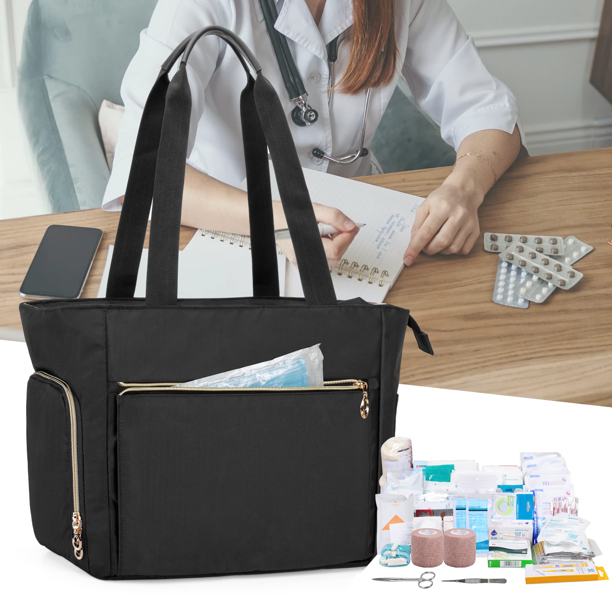CURMIO Sac infirmière, Sac de Fournitures médicales Portable avec Pochette rembourrée pour Ordinateur Portable pour Les visites à Domicile, Les Soins de santé, Sac Seulement, Noir