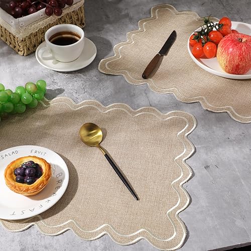 Miniatura 6 de Juego de 6 manteles individuales de algodón y lino, 13 x 19 pulgadas, manteles individuales bordados ondulados festoneados, de doble capa, lavables,