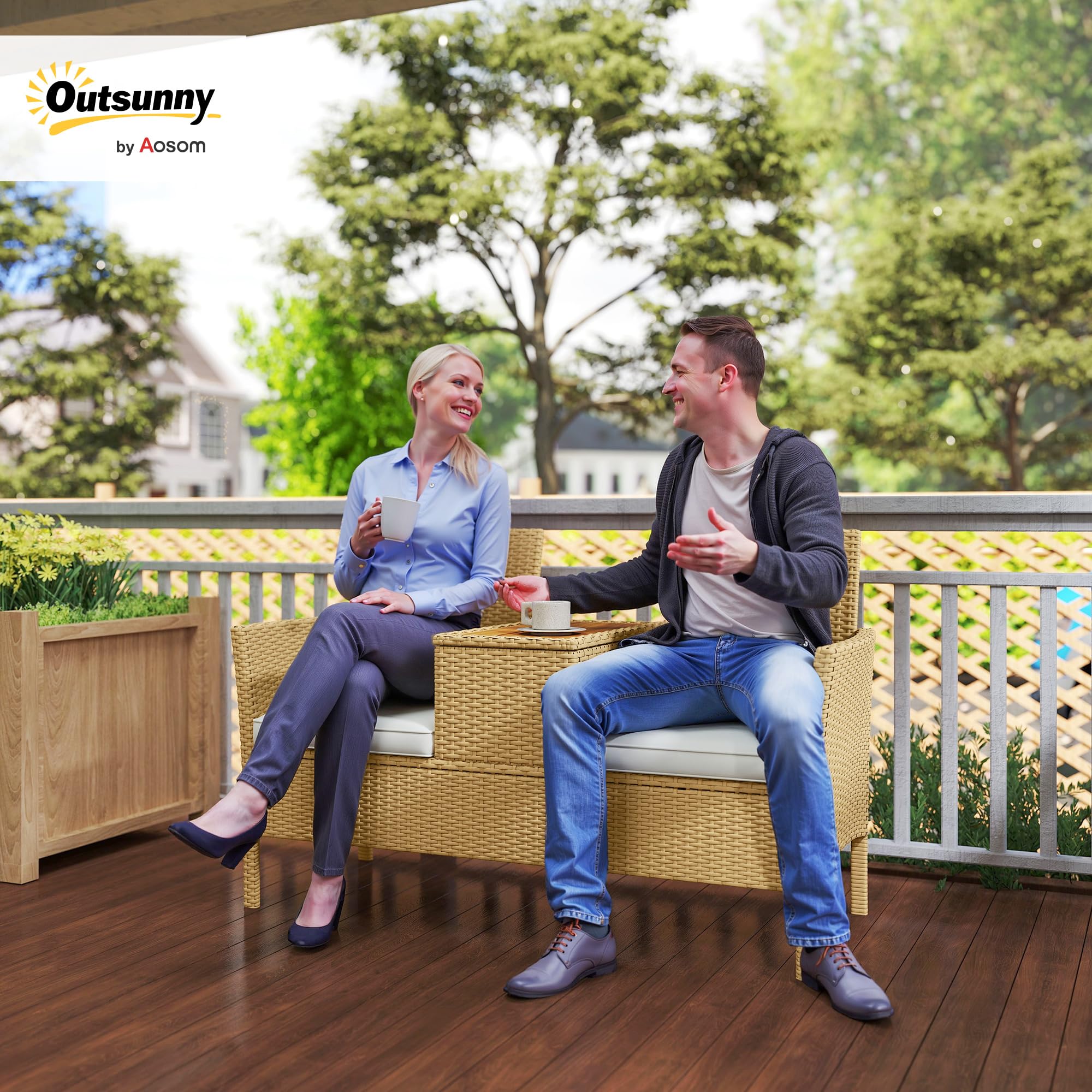 Outsunny Panchina da Giardino a 2 Posti in Rattan e Acciaio 134x58x82 cm | Panchina da Esterno con Cuscini, Tavolino a Ribalta con Spazio Portaoggetti Nascosto, Divano da Esterno, Crema e Cachi