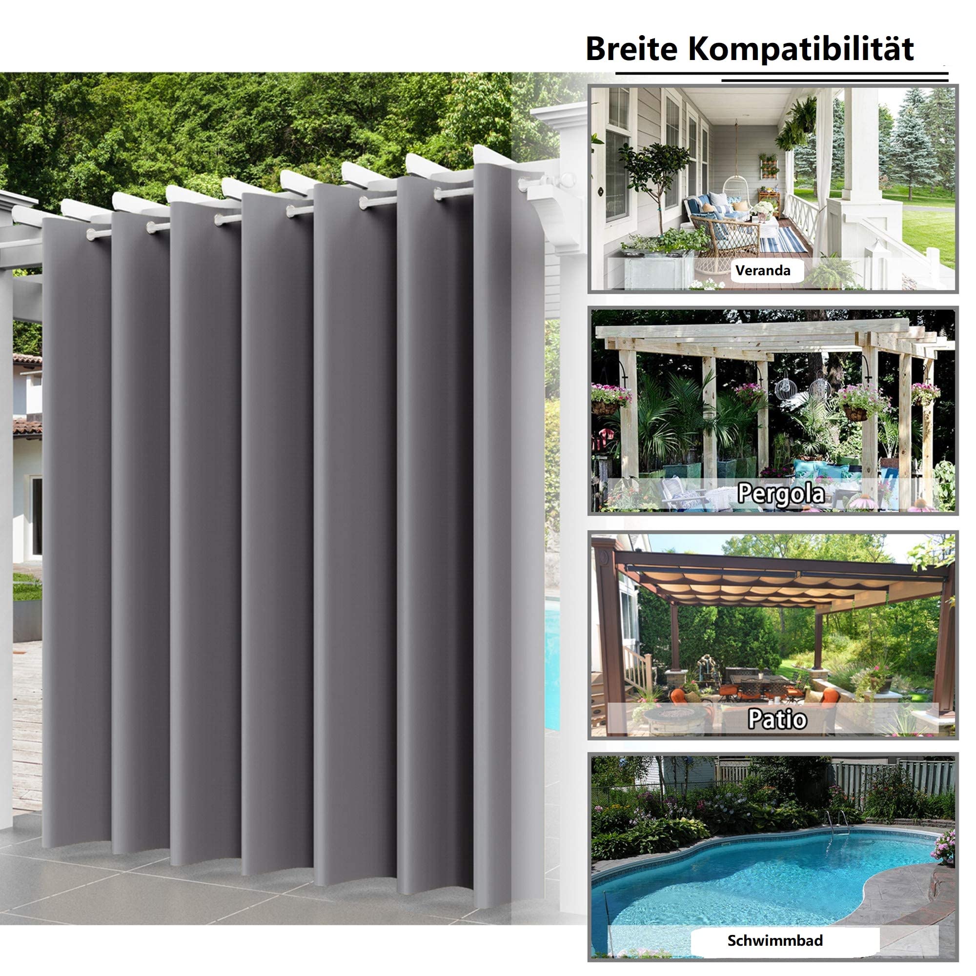 Outdoor Vorhänge mit Ösen Wasserdicht, 254x245cm Extra Breit Grau Outdoor Vorhang Pavillon Sichtschutz Schutz Für Veranda/Pergola/Garten/Schiebetür/Pavillon, 1 Stück
