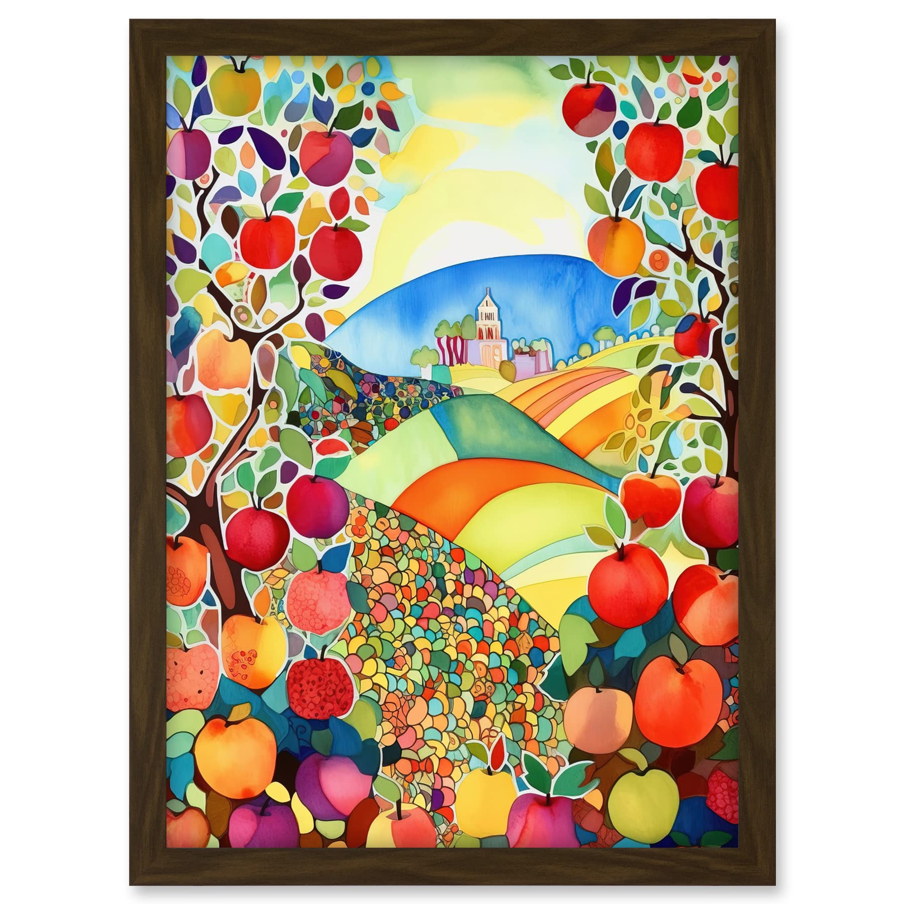 Artery8 Apple Tree Orchard Fields In Summer Folk Art Landscape Watercolour Painting Artwork Framed A3 Wall Art Print