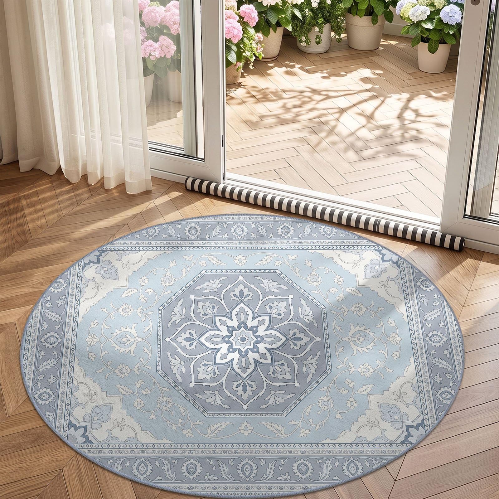 Tappeto rotondo bohemien, tradizionale 120 cm, motivo geometrico, motivo floreale, lavabile in lavatrice, per soggiorno, blu, grigio, antiscivolo, pelo corto, tappeto rotondo stampato per la cameretta