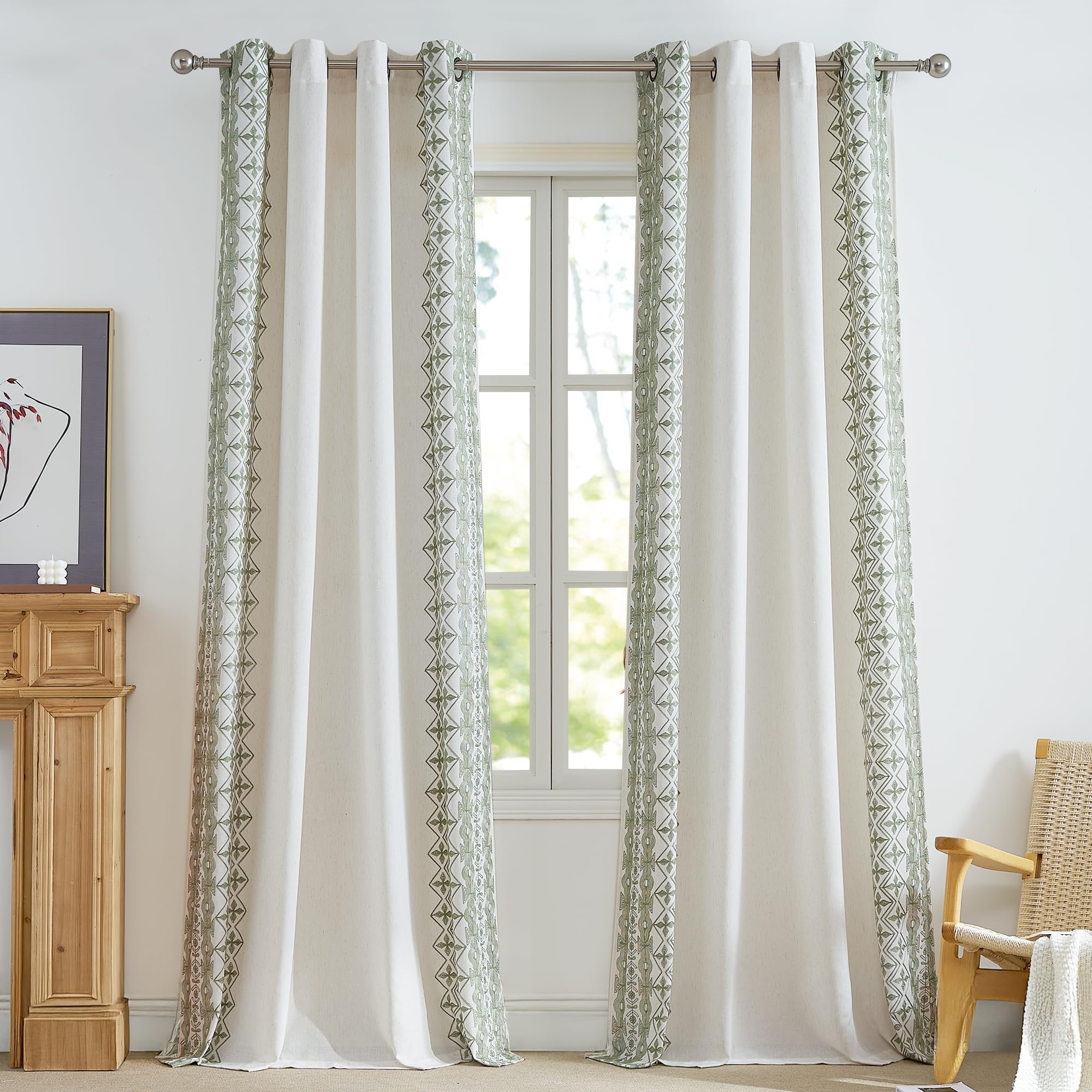 PONY DANCE Zasłona lniana w stylu boho, do salonu, z geometrycznym haftem, zasłona z oczkami, zestaw 2 sztuk, wys. 220 x szer. 140 cm, kremowa + haftowana szałwiowa zieleń, półprzezroczyste