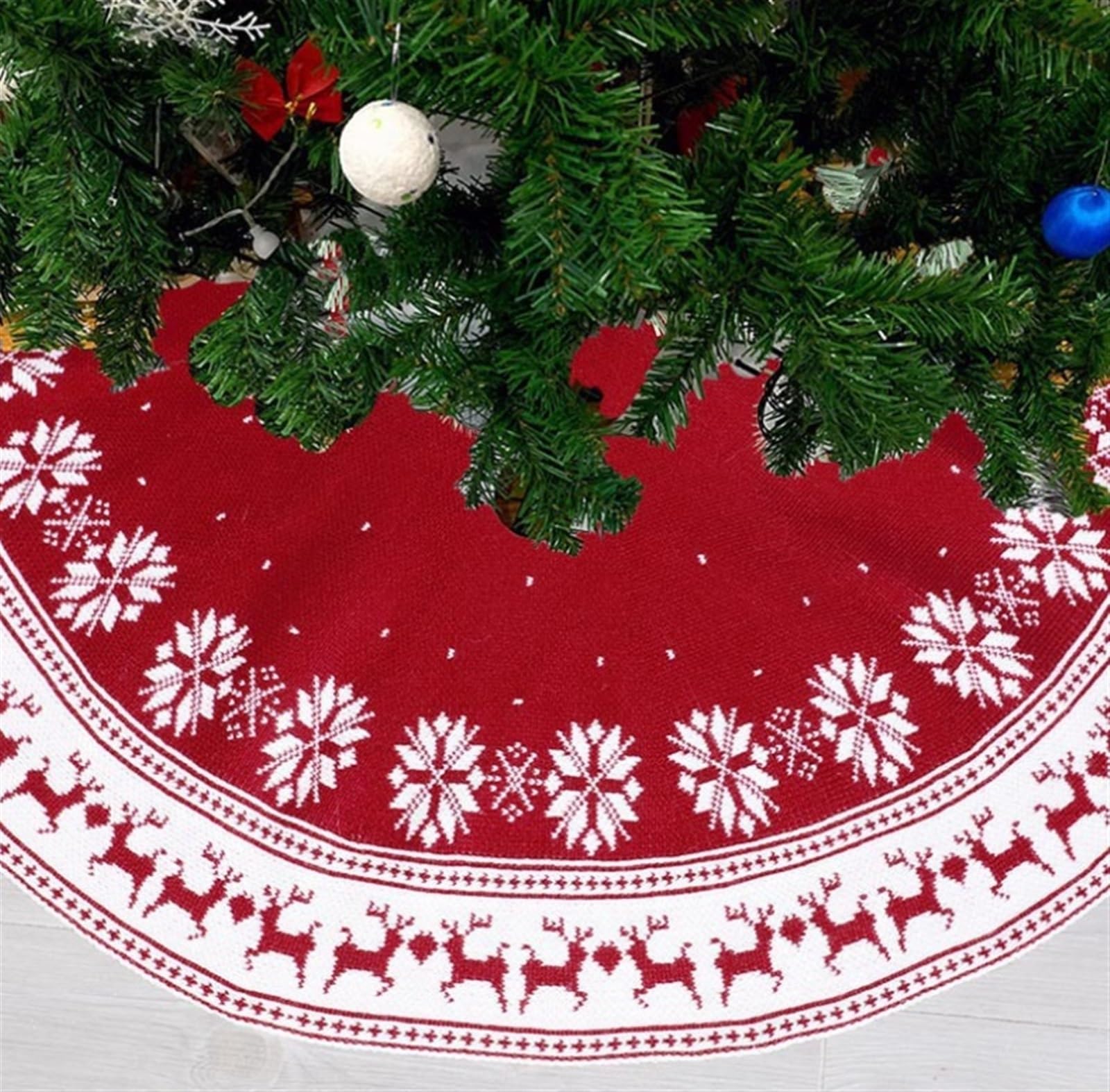 Weihnachtsbaum Rock, Roter Weihnachtsbaumrock Stricken Mit Schneeflocken-Hirsch, Rustikale Ländliche Weihnachtsdekoration Decke Weihnachtsbaum(48 Inches)