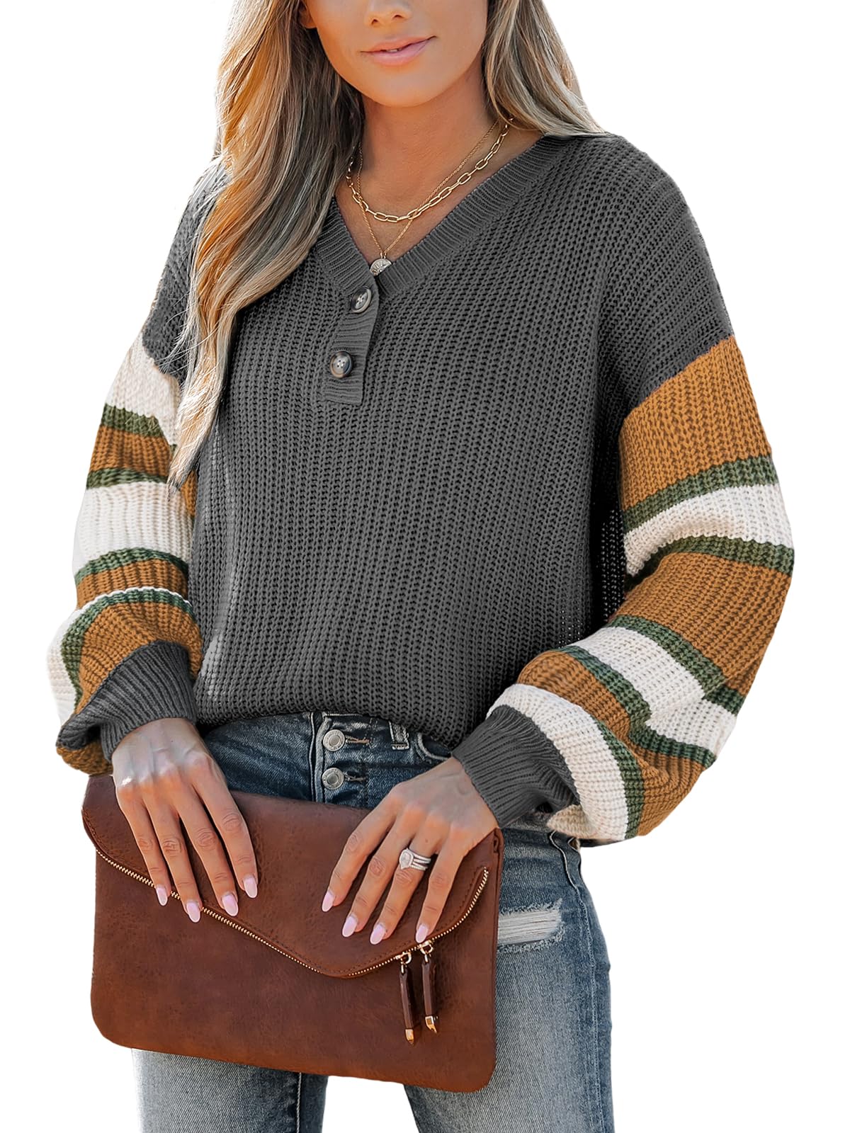 CUPSHE Womens Long Sleeve V Neck Sweaters Loose Knit Striped Button Up Chunky Oversized Pullover Sweater