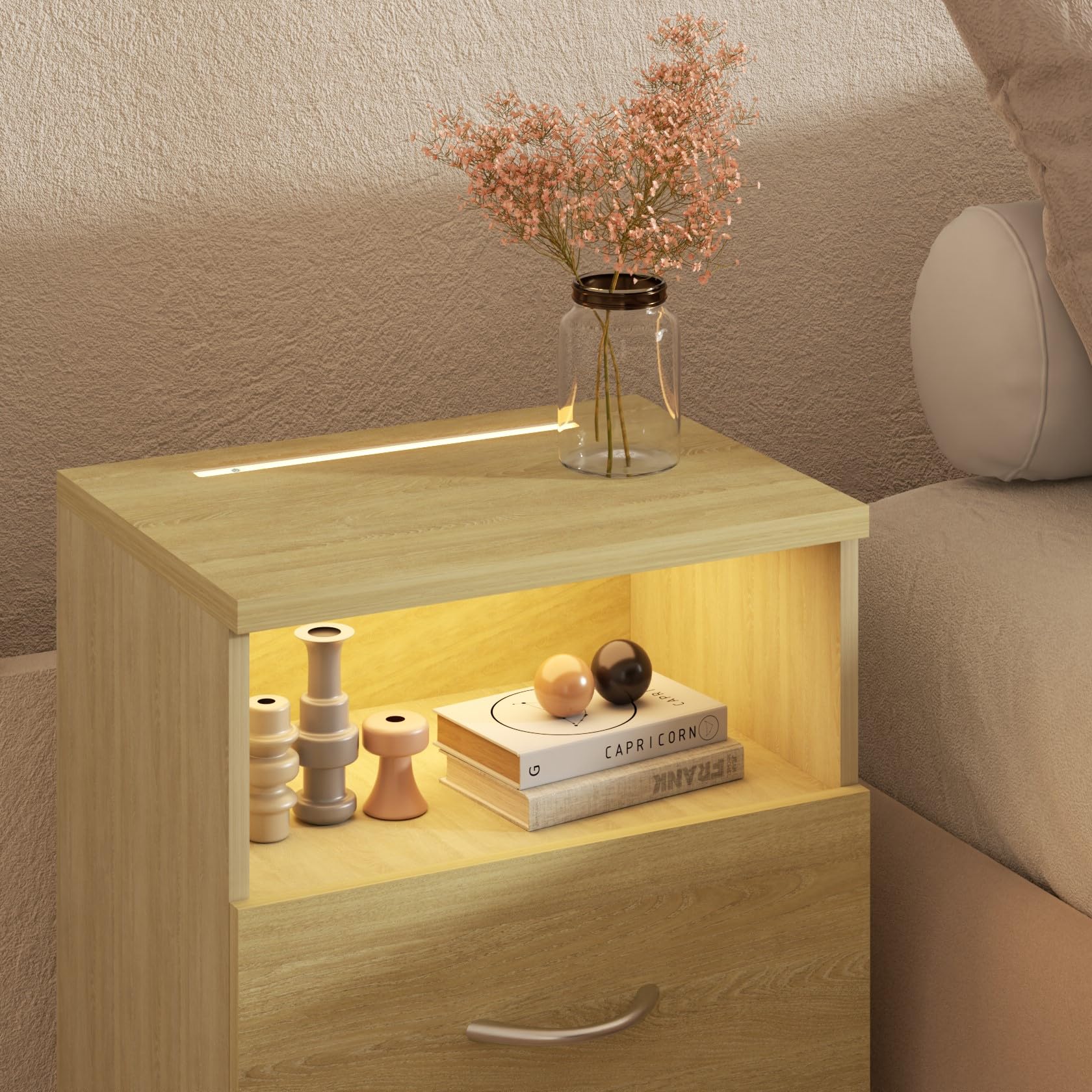 CASARIA® 2X Mesitas de Noche Luz LED Táctil Regulable 2 Cajones 40x28x55cm Mesa Auxiliar Dormitorio Salón Roble