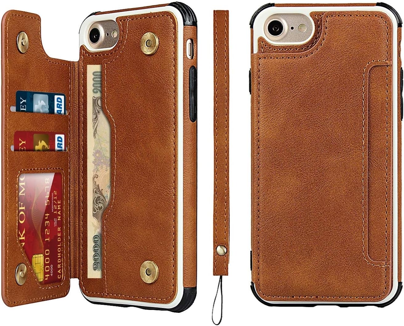 iCoverCase iPhone SE(2022)/SE(2020) iPhone 7/8/6/6s Wallet Case with Card Slots Holder and Wrist Strap Premium PU Leather Kickstand Magnetic Clasp Shockproof Flip Cover Case (Khaki)