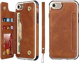 iCoverCase Compatible with iPhone SE(2022)/SE(2020)/7/8/6/6s Wallet Case with Card Slots Holder and Wrist Strap Premium PU Leather Kickstand Magnetic Clasp Shockproof Flip Cover Case (Khaki)