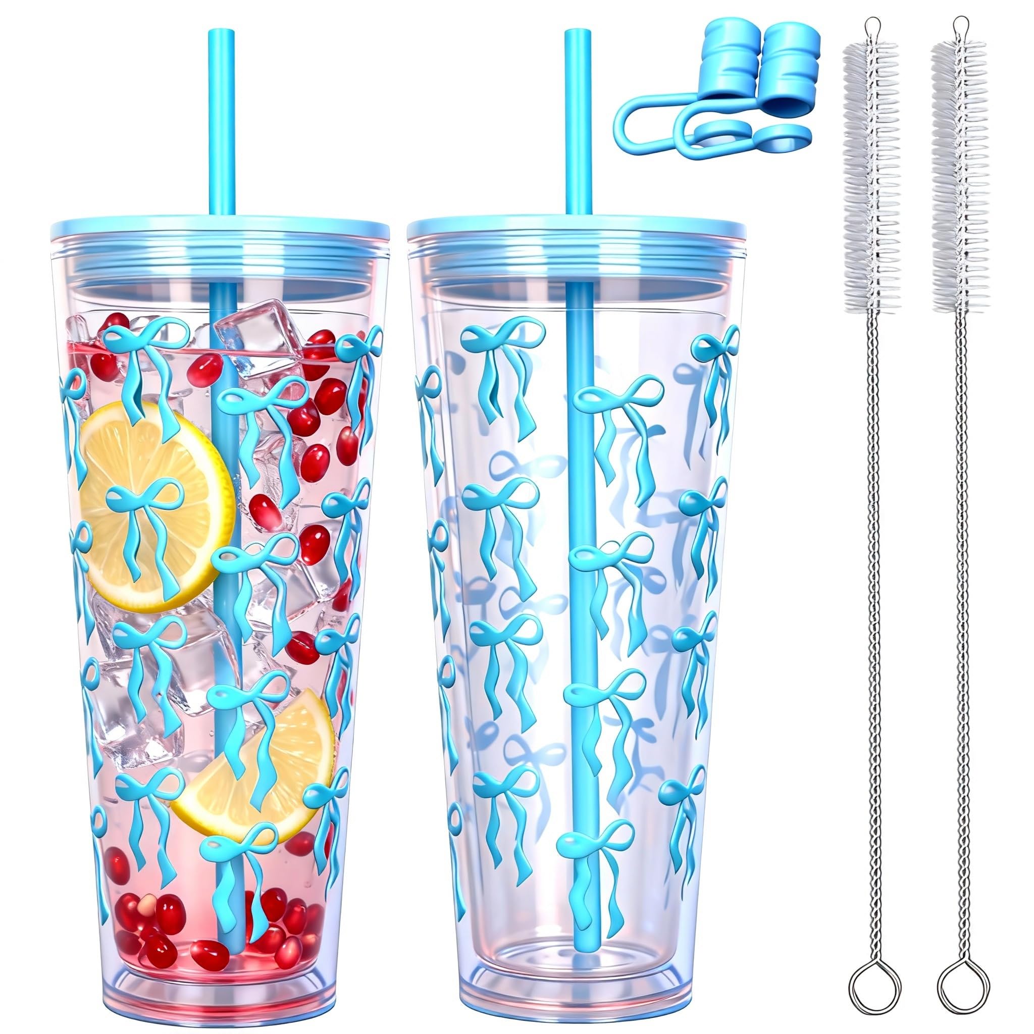 CuppaLifes 710ml Reusable Tumbler with Straw and Lid, 2 Pack Insulated Cup for Iced Coffee, Hot/Cold Drink, Plastic Travel Mug for Office, Travel, Camping, Beach, Outdoor (2, Blue)