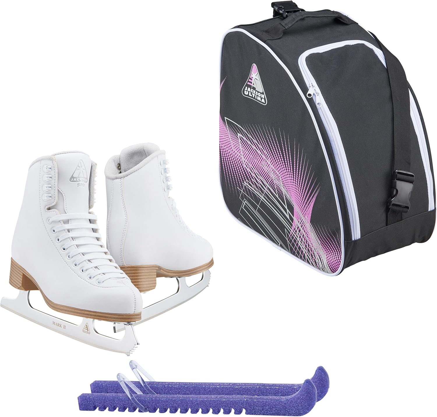Jackson Classic Model 500/501 White Figure Ice Skates for Women and Girls Bundle with Skate Guards and Bag Just Launched 2024