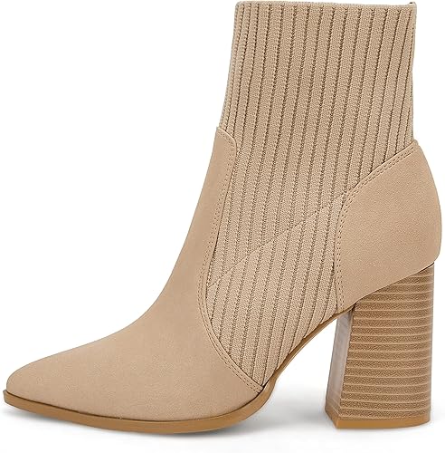 Miniatura 4 de Ermonn Botines de tacón alto con punta puntiaguda para mujer, con cremallera, tacón grueso, tejido elástico, para otoño e invierno