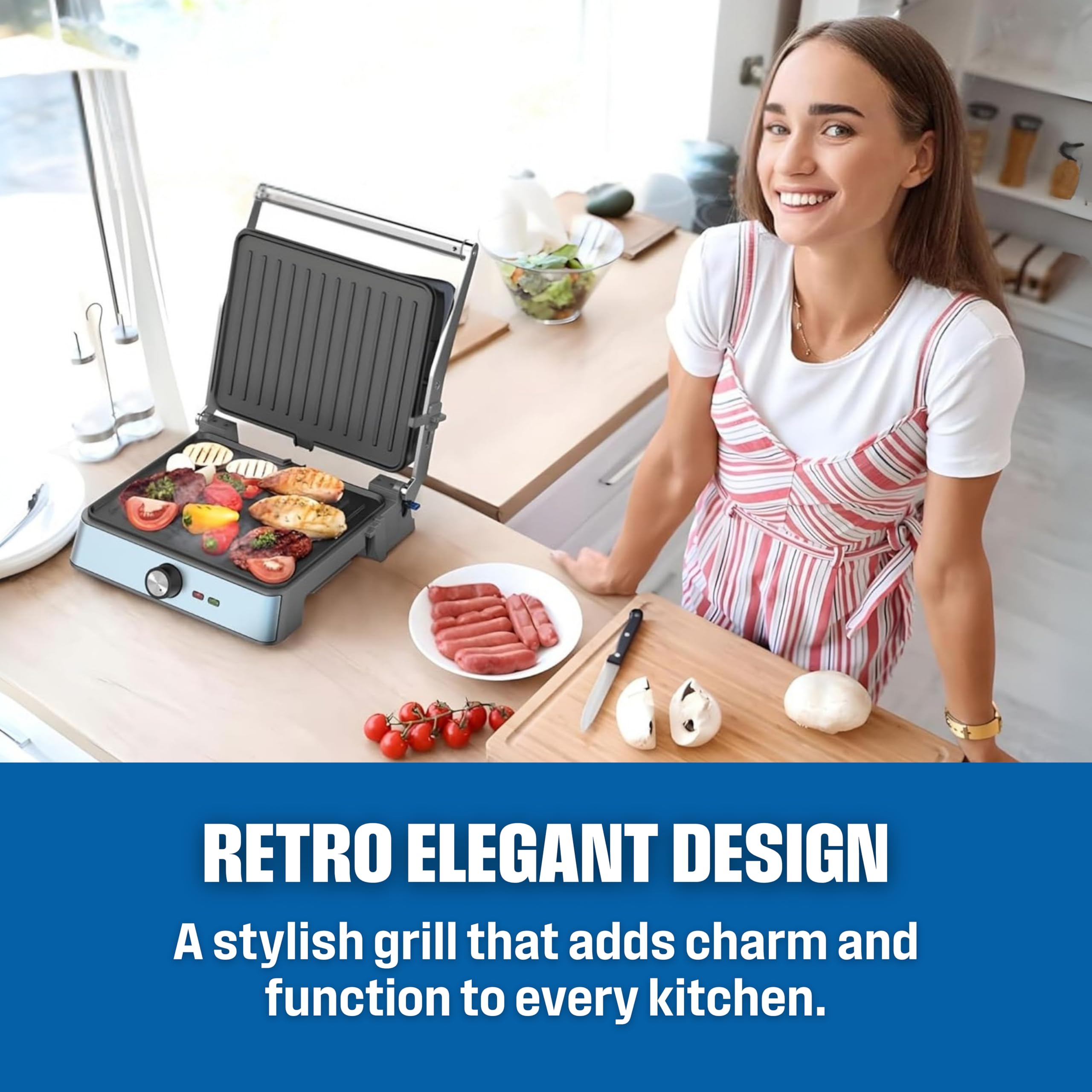 Westinghouse Grill kontaktowy w stylu retro – 29 x 24 cm – 180° do dwustronnego grillowania – 2200 W – toster – regulowana regulacja temperatury – grill panini – żelazko toster – niebieski