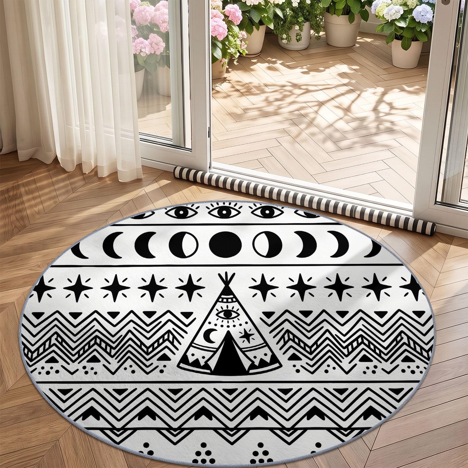 Générique Tapis Rond 245 cm Antidérapant, Phases De Lune Bohèmes & Motif Œil Tapis Salon Rond Lavable en Machine Espace Art Moelleux pour Chambre À Coucher, Blanc