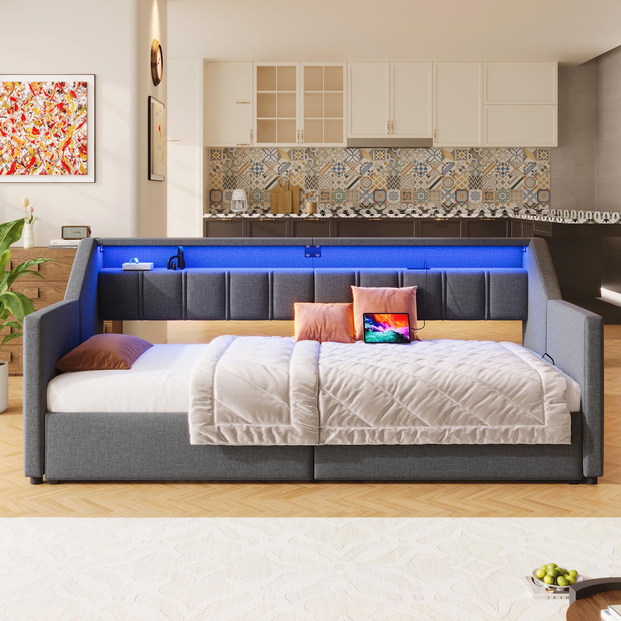 Idemon Divano letto 90 x 200 cm, illuminazione con USB e telecomando, con 2 cassetti, tasca portaoggetti multifunzionale, letto estraibile, senza materasso, (grigio)
