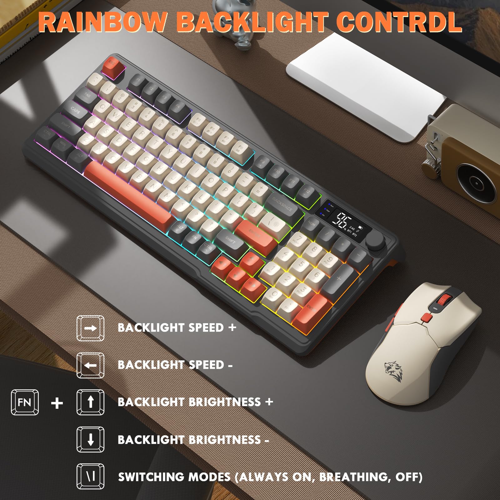 FREEWOLF T96 Teclado y Ratón Inalámbricos, Bluetooth & 2.4G, Teclas PBT, Disposición QWERTY, Pantalla, Silencioso, Anti-Ghosting, Recargable, para Mac/Windows/Linux – Brillar