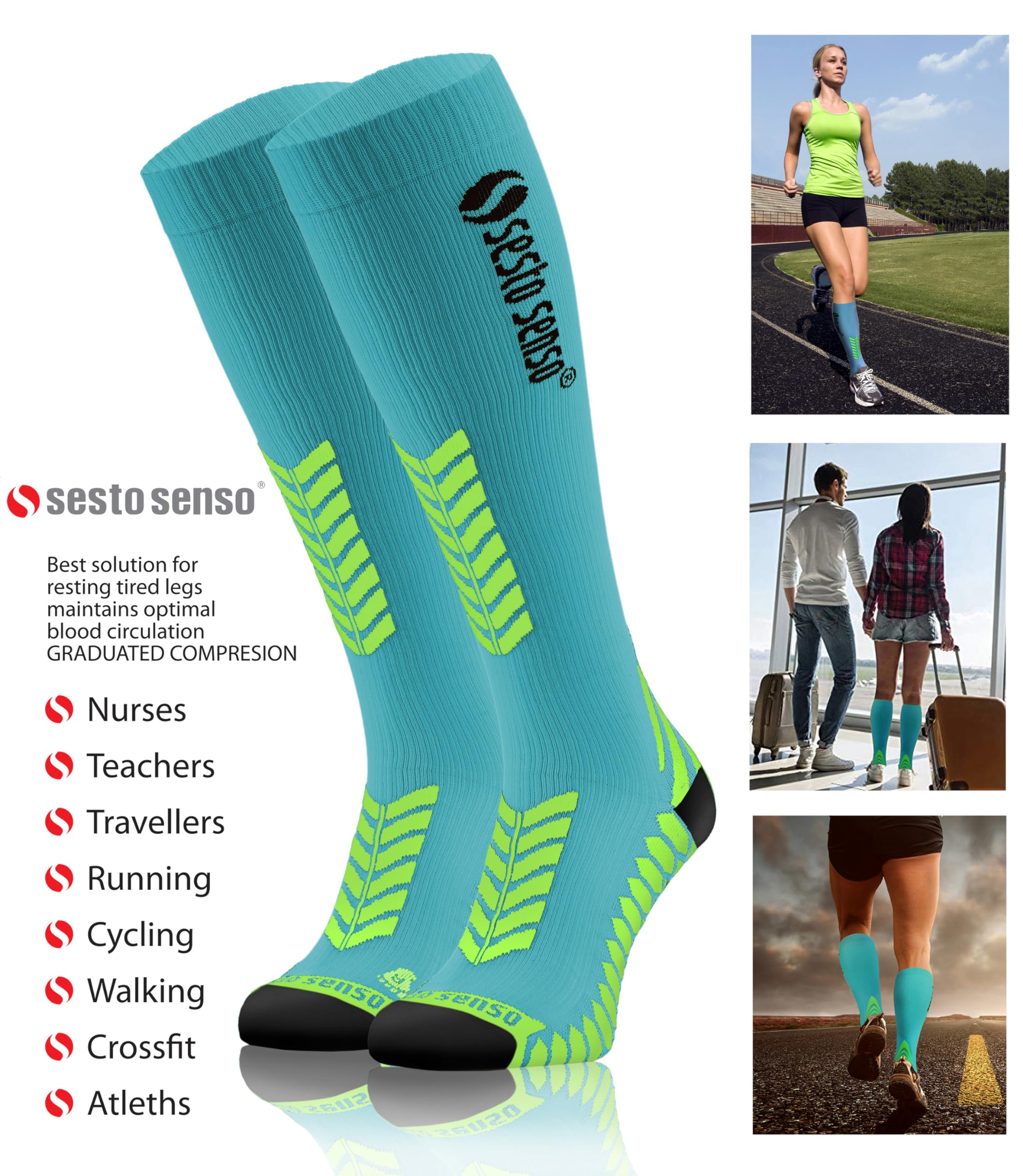 Sesto Senso 3 Pares Calcetines de Compresión Deporte Colores Altos Hombre Mujer