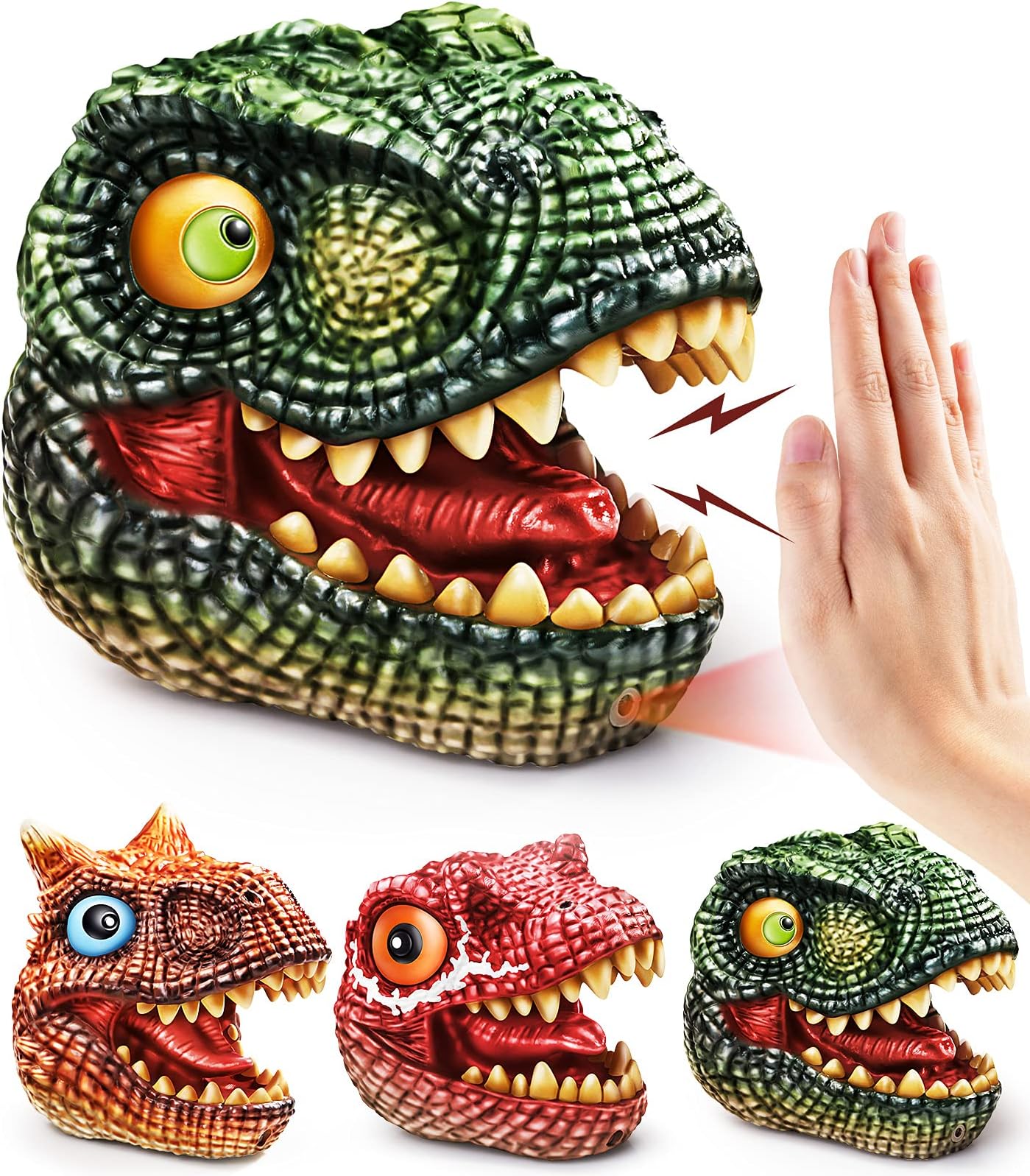 Small Dinosaur Hand Puppets, Geyiie Kids Puppets Dino Toys for Boy Girls 3-5, Dinosaur Head with Roaring Sounds Toy Figures Valeitne Party Gifts