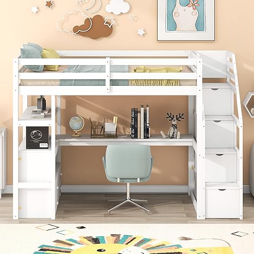 Miniatura 12 de Quarte Cama alta multifuncional, cama alta tamaño matrimonial con escritorio integrado y estantes de almacenamiento, dos cajones y escalera de