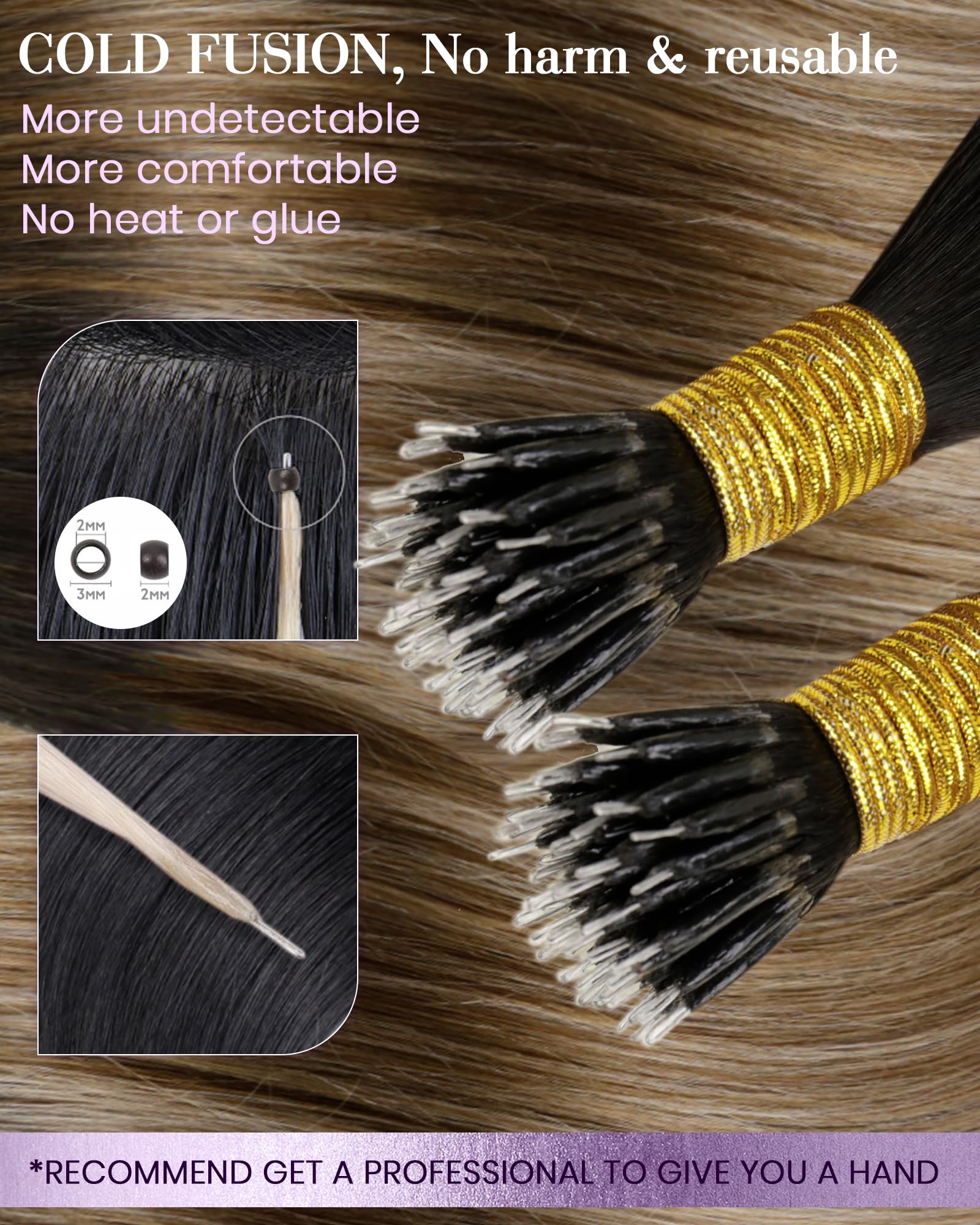 LaaVoo Nano Hair Extensions Real Human Hair Darkest Brown Nano Beads Hair Extensions 20 Inch Balayage Brown to Medium Blonde Invisible Nano Ring Straight Remy Hair 50g 50s #2/6/18 - Image 3
