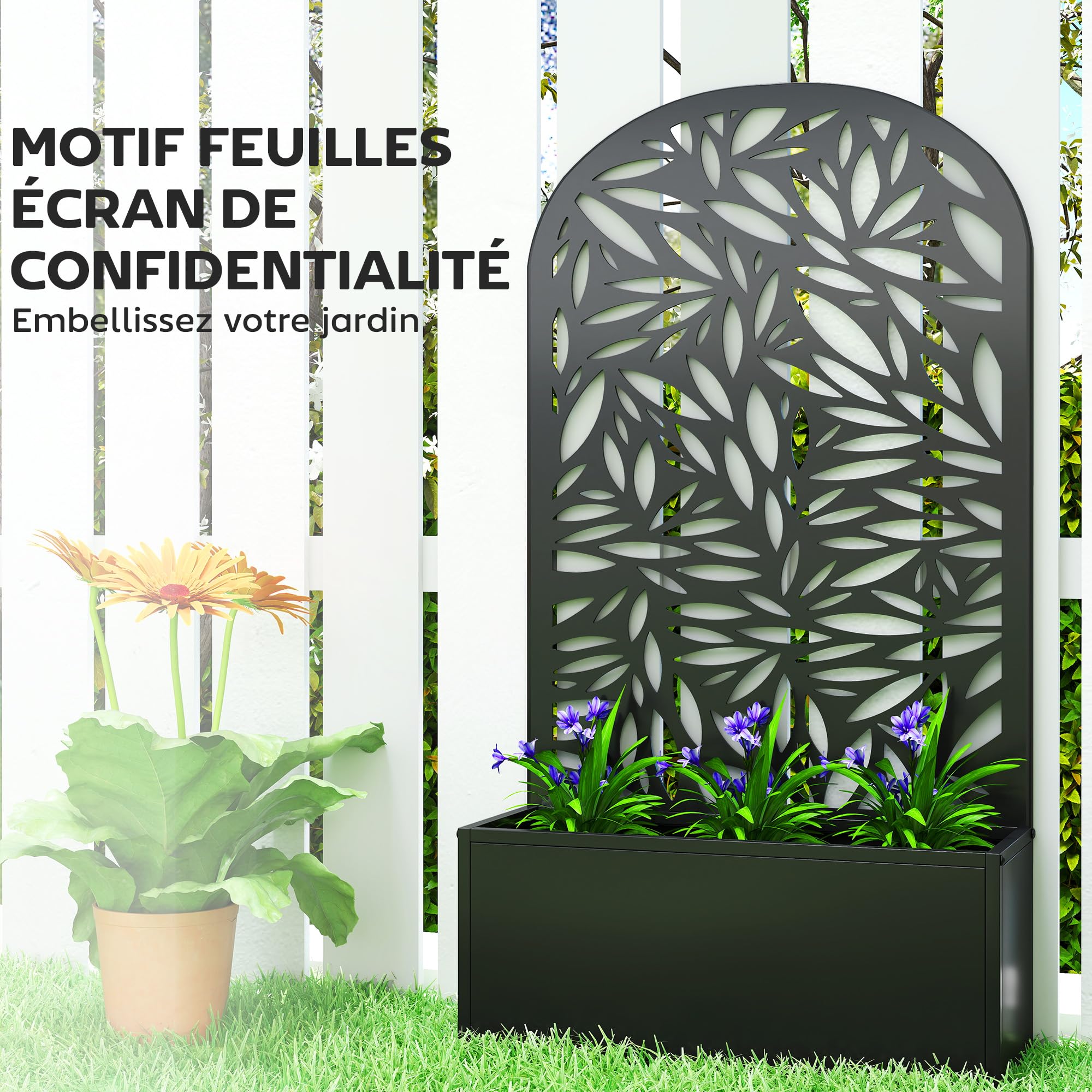 Outsunny Jardinière avec Treillis, Bac à Fleurs Métal, 61x23x113cm Noir | Lit Surélevé avec Brise-vue Découpé en Feuilles, Fixation Mur ou Sol, pour Plantes Grimpantes, Légumes, Fleurs