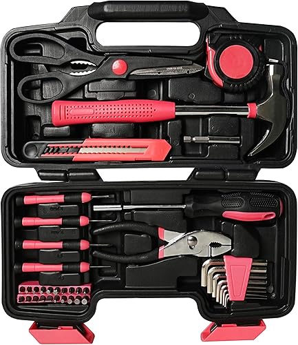 Juego de herramientas rosa para mujeres y hombres, 39 piezas, kit de herramientas para el hogar, caja de herramientas para bricolaje, reparaciones