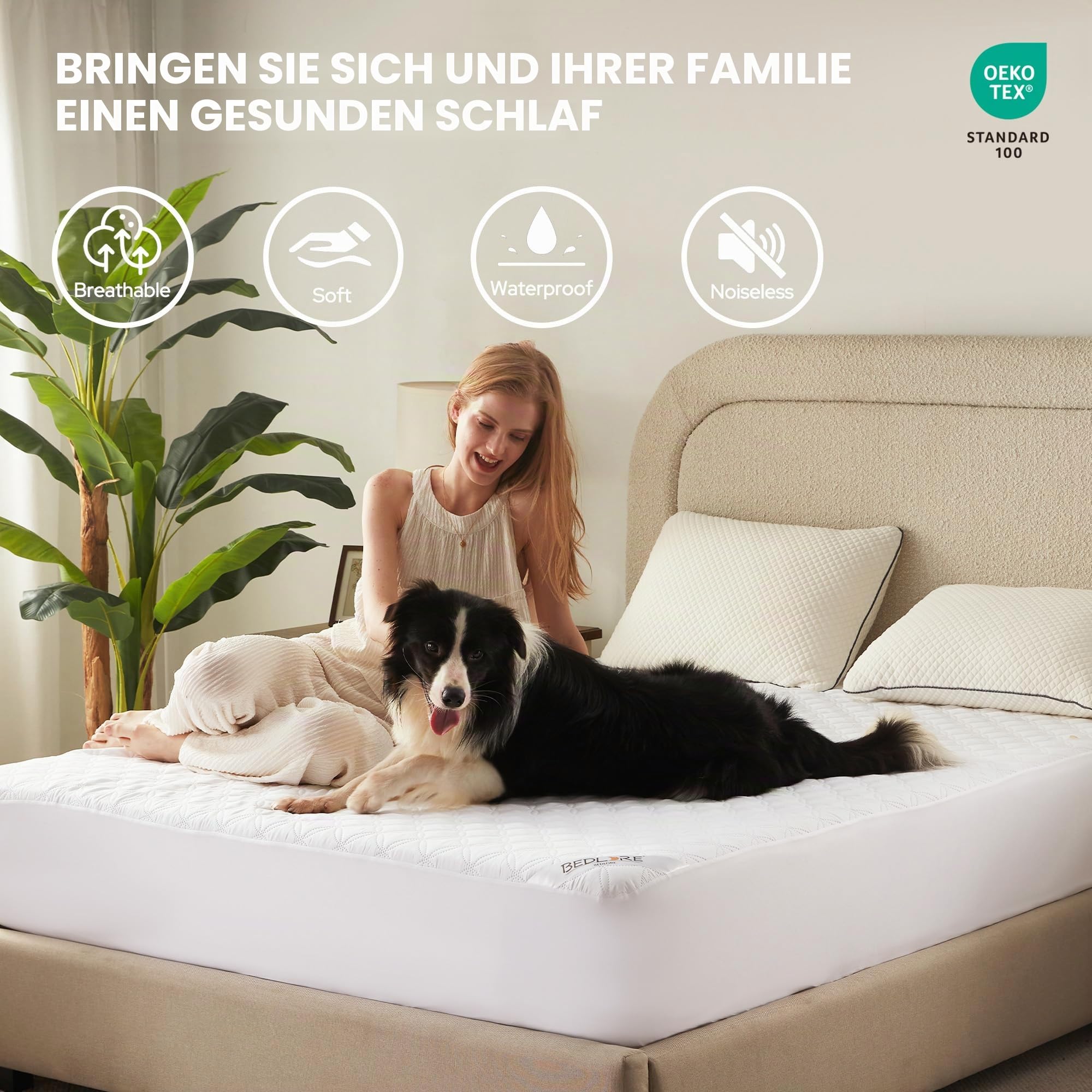 BEDLORE Matratzenschoner 180 x 200 cm, wasserdichte Matratzenauflage, geräuschloser Matratzenbezug mit tiefer Tasche – weich, atmungsaktiv und komfortabel (Weiß)
