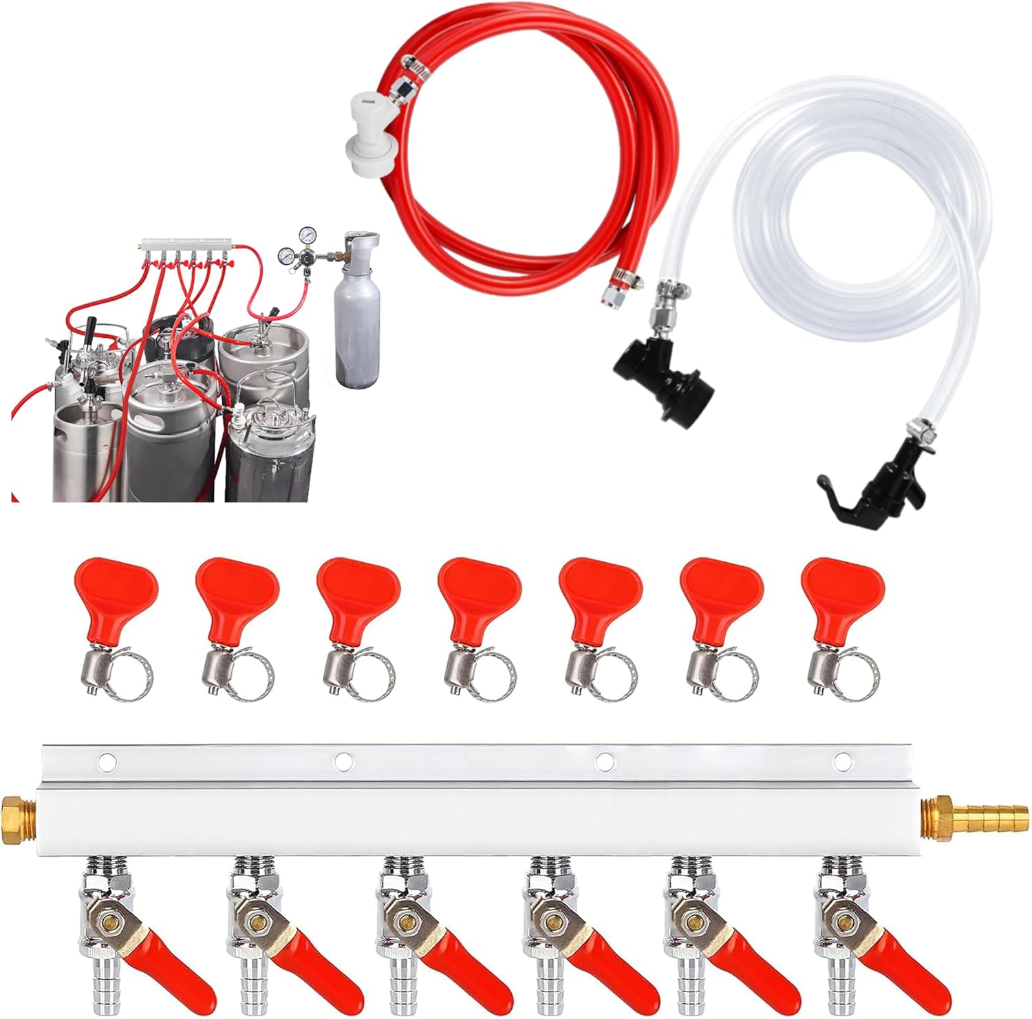 6 Way Gas Distributor and 5FT CO2 Gas Line + 3FT Beer Line +1 Pair Ball Lock Keg Connector + 1 Picnic Tap