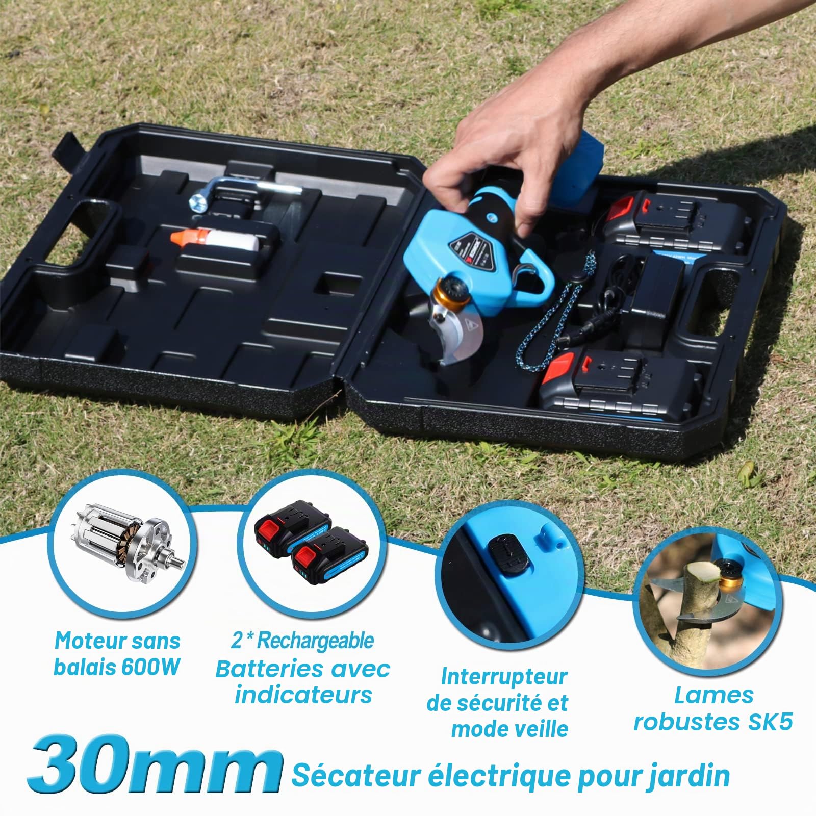 KOMOK Sécateur Électrique Sans Fil 30mm, 2 Batteries Rechargeables 2000mAh/21V, Sécateur de Jardin Professionnel avec Lames SK5/Moteur Sans Balais 600W/6-8 Heures d'autonomie - Blue