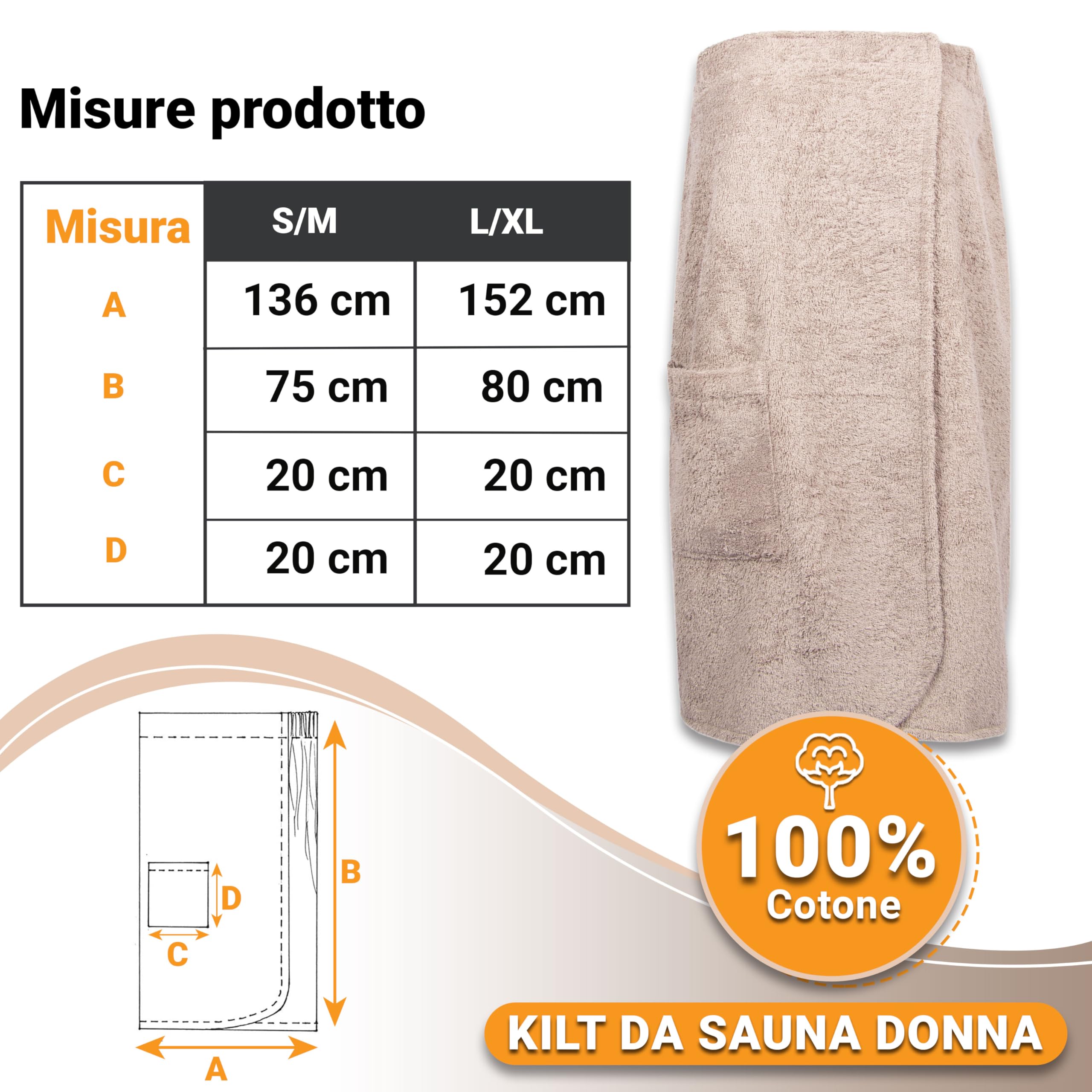 ZOLLNER Kilt da sauna da donna tortora morbido sulla pelle assorbente Cotone fascia elastica chiusura a strappo Misura L/XL Lavabile a 60°C Certificato OEKO TEX