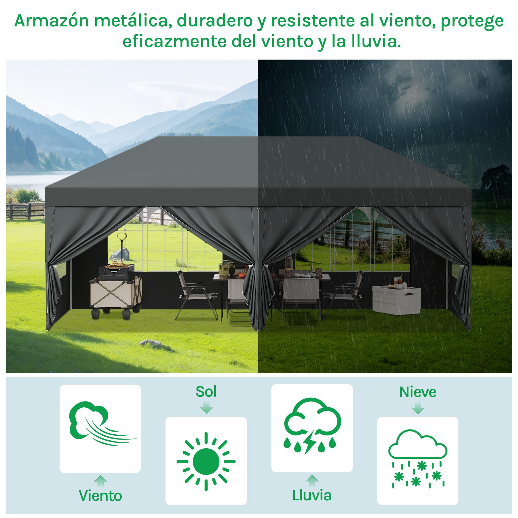 Laneetal Gazebo de Jardín 3x6 m, Carpa Plegable e Impermeable, Pergola Jardín Marco Metalico, Pabellón Cenador para Camping y Fiestas, 6 Paredes Laterales y 4 Ventanas, Antracita