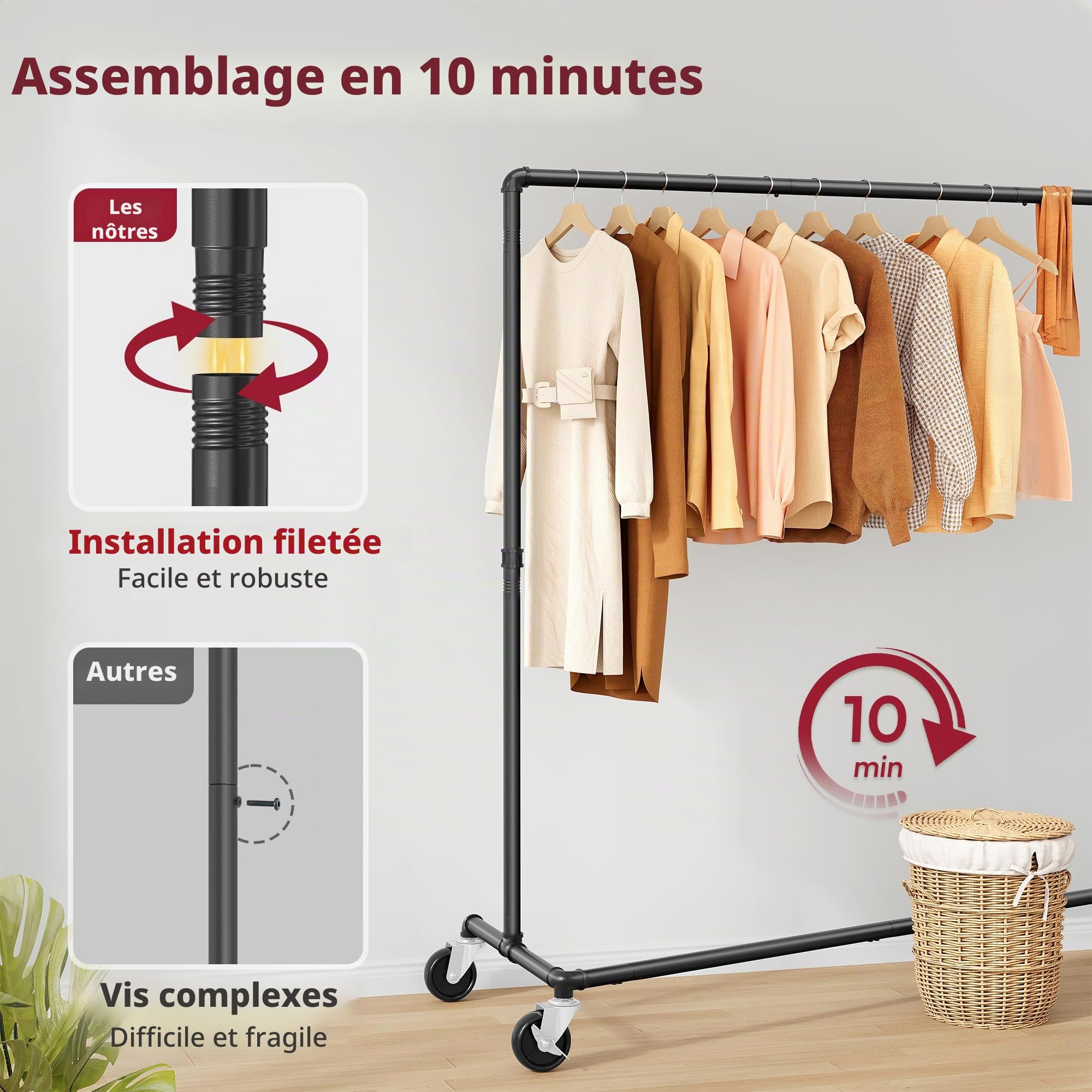 Tajsoon Lot de 2 porte-vêtements à suspendre en Z - Capacité de charge : 113 kg - Porte-vêtements industriels avec roulettes verrouillables - Organisation dans la chambre à coucher
