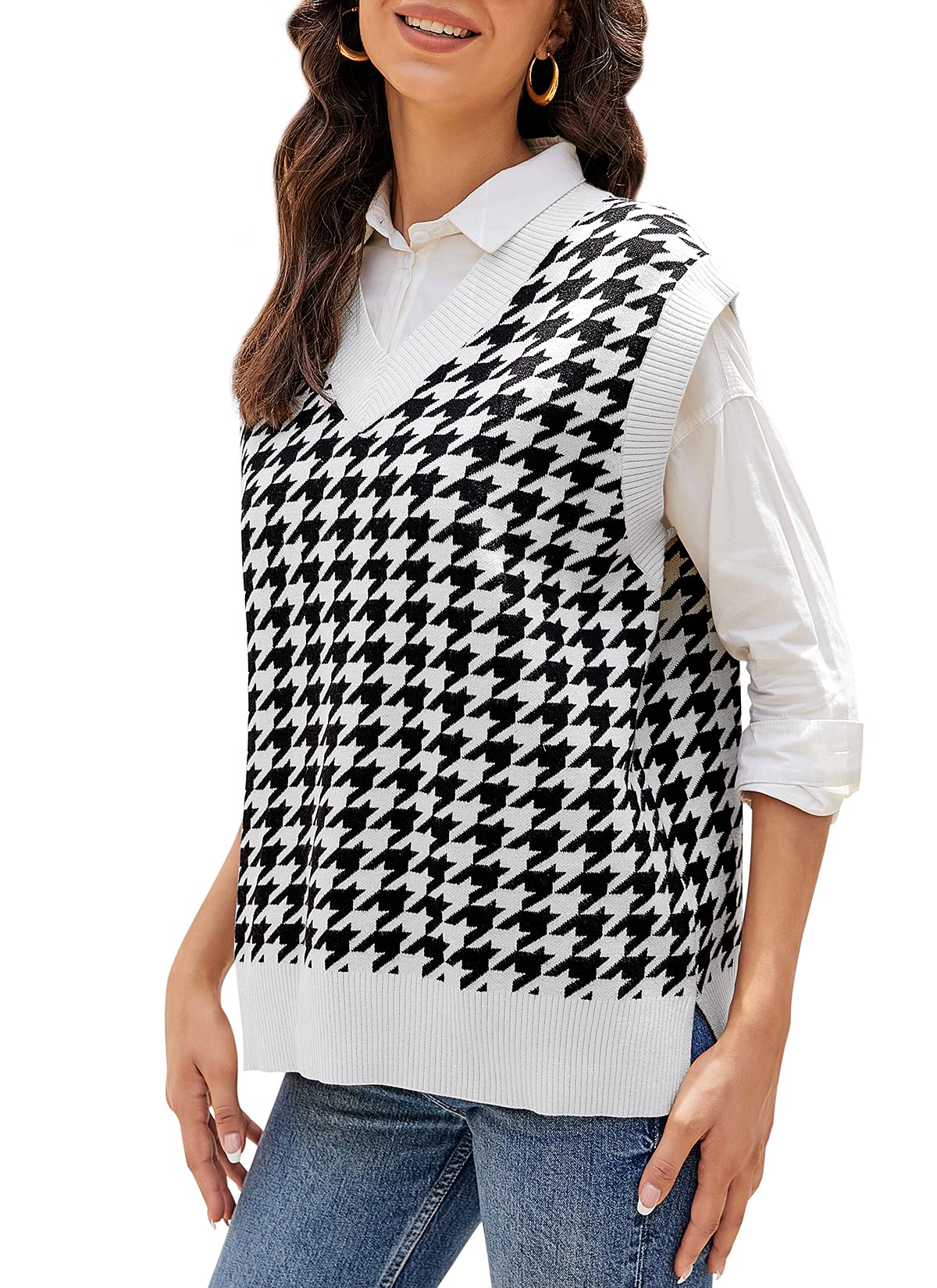 HOCOSIT Women's Knitted V-Neck Vest Argyle Plaid Preppy Style Sleeveless Pullover Crop Sweater Vest