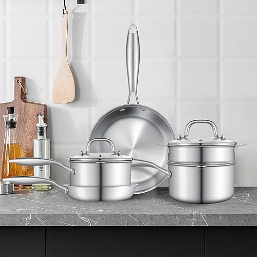 Miniatura 9 de Juego de ollas y sartenes juego de utensilios de cocina de acero inoxidable de cuerpo completo, cacerola de 1.5 cuartos con cesta de vapor y sartén