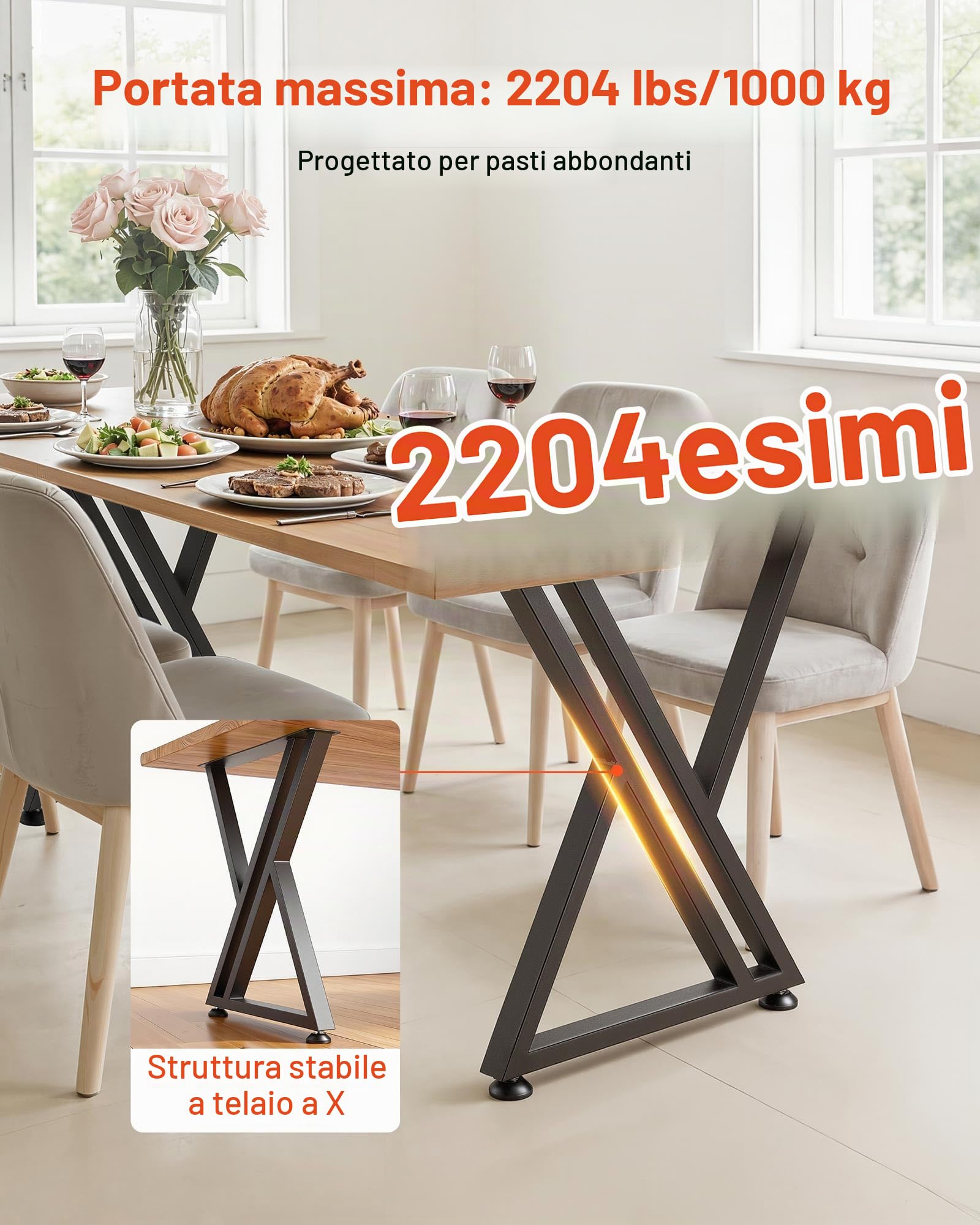 VEVOR Gambe per Tavolo in Acciaio, Gambe per Scrivania Smontabili, Struttura a X Stabile, Installazione Semplice, Carico Massimo di 1000 kg, per Tavoli da Caffè e da Bar, 74 x 61 cm, 2 Pezzi, Nero