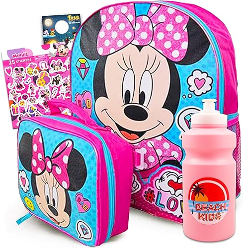 Minnie Mouse mochila suministros escolares paquete caja de almuerzo y mochila Set con botella de agua Minnie Mouse y más de 300 pegatinas