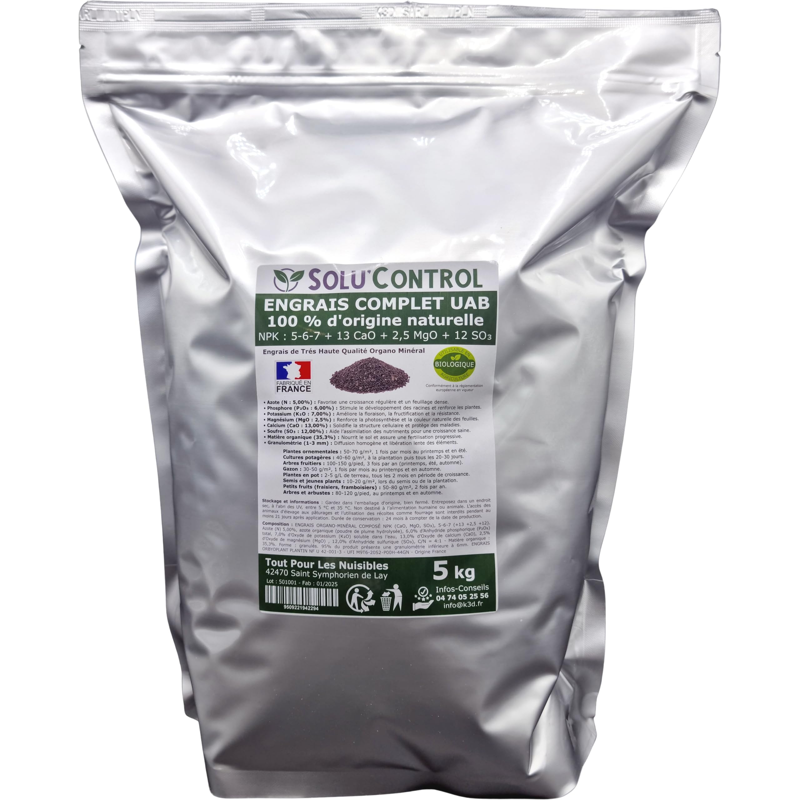 5 kg d'ENGRAIS COMPLET universel et équilibré - SoluControl - UAB - Utilisable en Agriculture BIOLOGIQUE