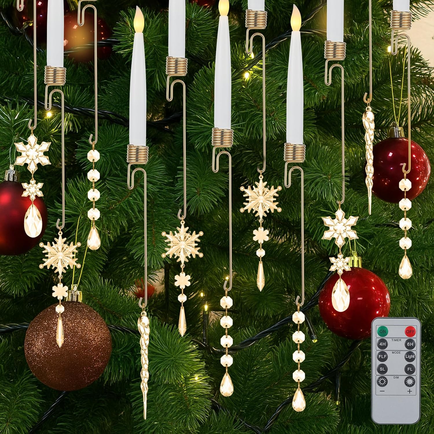 Baquler 12 Pcs Christmas Tree Candles with Crystal - Christmas Flameless LED Taper Candles Flickering Clip Light Candlestick with Remote Timer for Xmas Winter New Year Wedding Decor(Champagne Gold) Champagne Gold 12