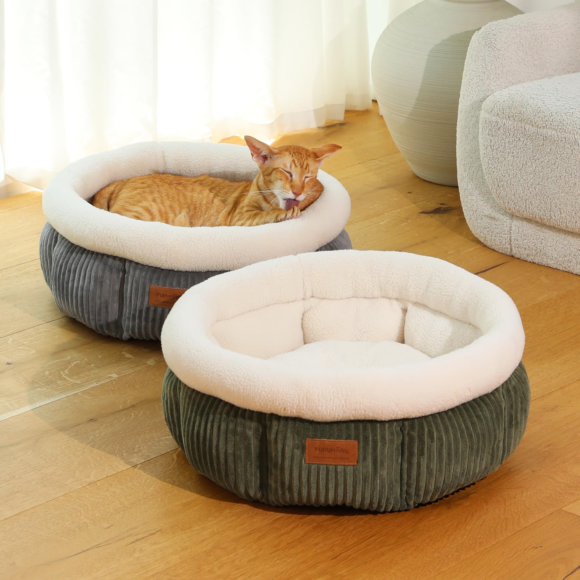 FUKUMARU Lit pour Chat, Panier Rond en Cordon d'Intérieur, Panier Lavable pour Chiot, Lit Doux et Mignon pour Petit Chien, Vert