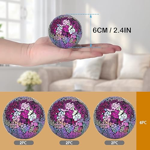 Miniatura 2 de Juego de 6 bolas decorativas, 6 cm 2.4 pulgadas, bolas de mosaico de cristal rojo brillante para decorar cuencos, jarrones, mesas, bodas, fiestas