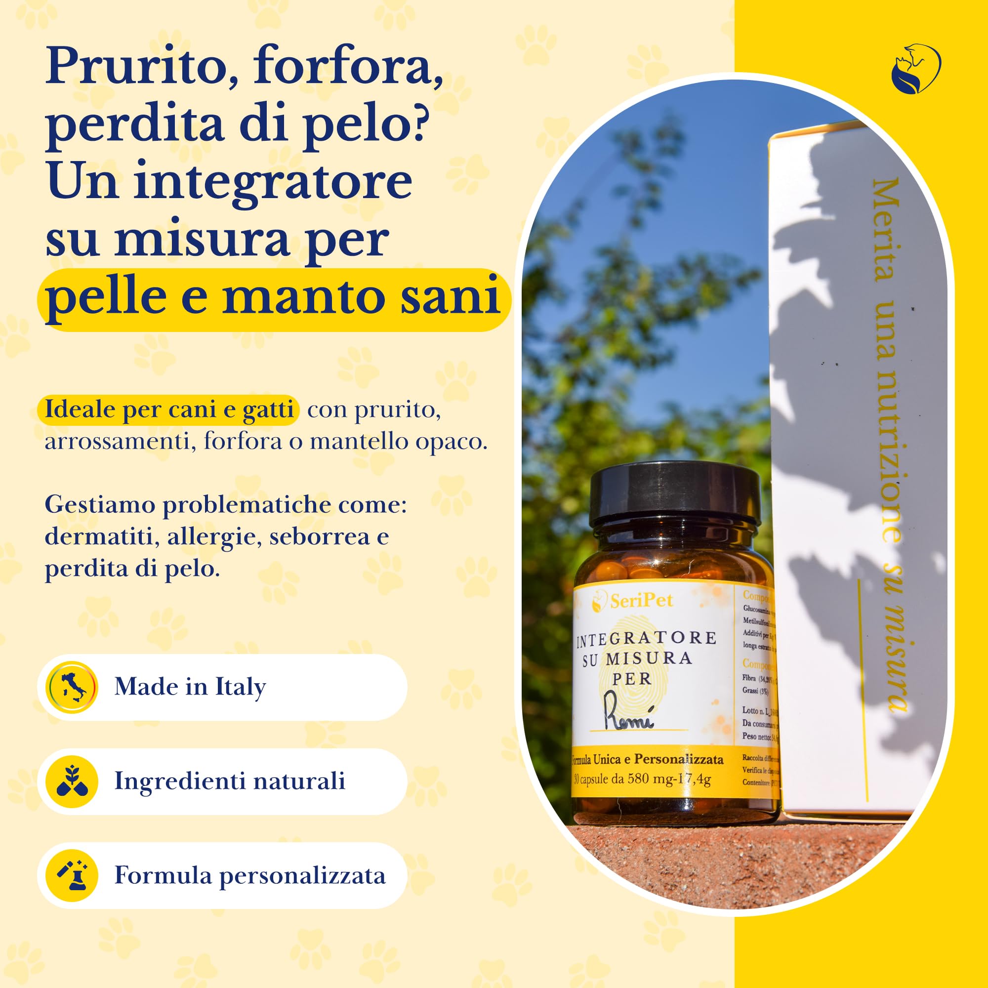 Integratore Dermatite e Perdita di Pelo Personalizzato per gatto con Prurito - Integratore per la cura della pelle e del pelo - Prodotto Naturale Made in Italy - 30 Capsule da 580gr