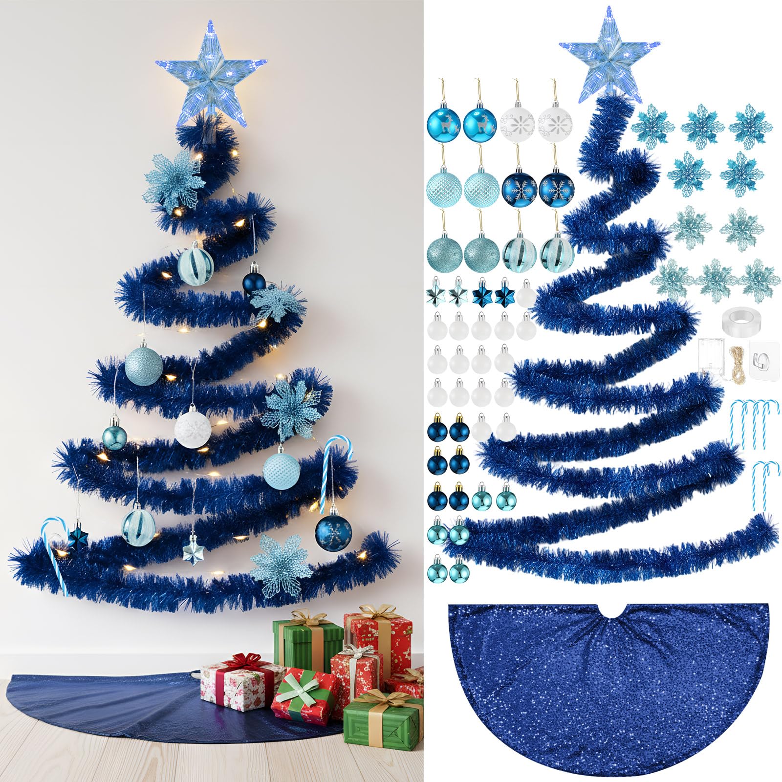 HyDren Lot de 91 décorations de sapin de Noël à suspendre au mur avec lumières - Guirlande de Noël de 20 m - Étoile, décoration de sapin - Décoration d'intérieur (bleu)