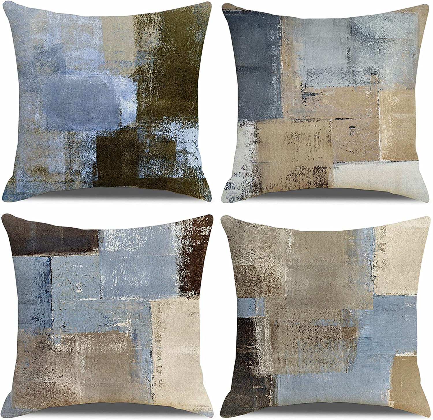 QUALKNOY Set of 4 Cushion Covers 18"x18" Navy Blue Brown Modern Abstract Art Boho Decorative Throw Pillow cases 45 x 45cm for Sofa Living Room Garden Outdoor Home Decor Pillowcases