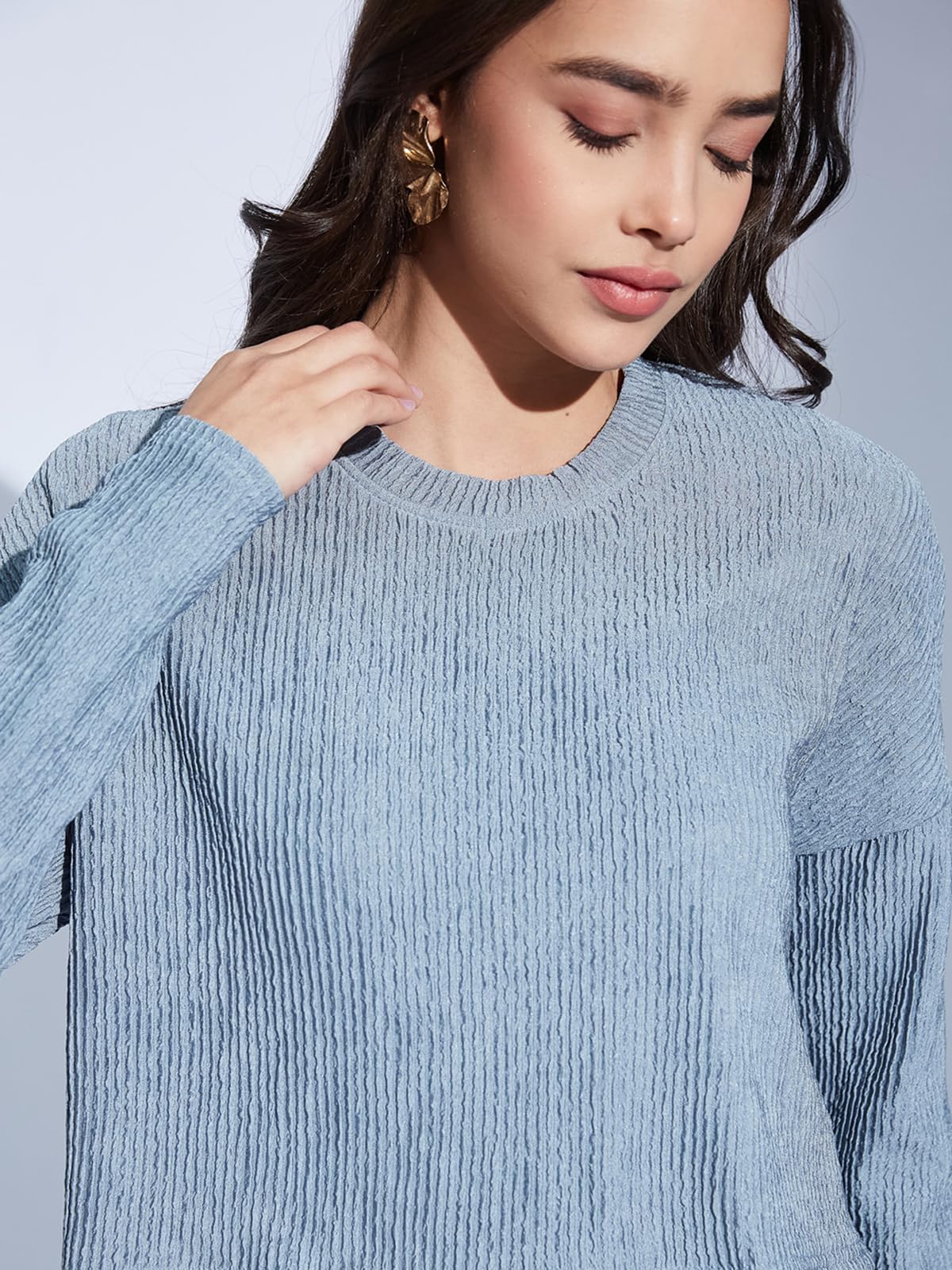 Selvia Women's Full Sleeve Textured Lycra Round Neck Top & Trouser 2 Piece Co-ords Set (759CTK11882N-L_Dusty Blue) - Image 4 thumbnail