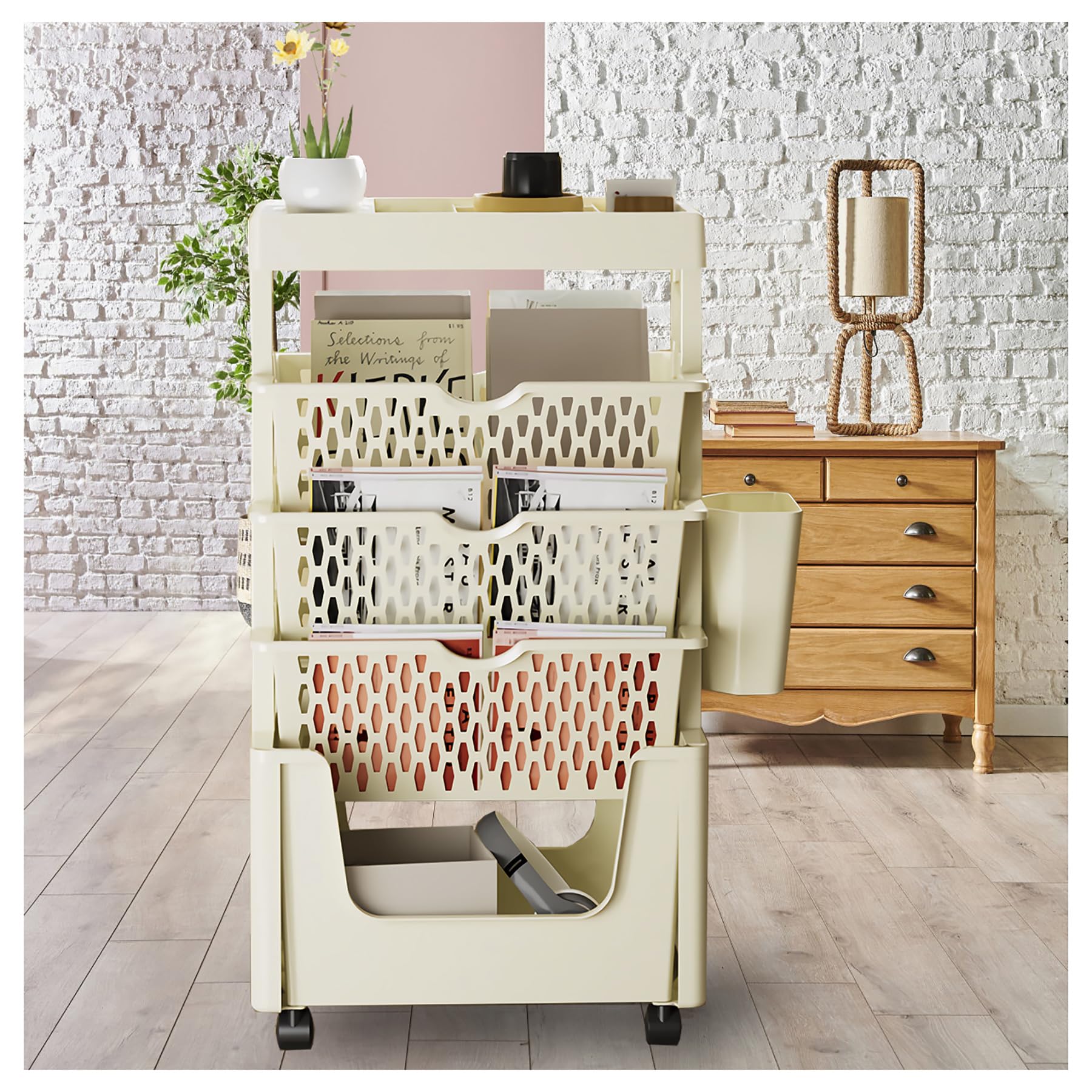 TUOYIBO Rolling Storage Cart Organizer 5 Tier Book Rack Storage Bookshelf Mobile Book Shelf with Wheels,Portable Bookshelf on Wheels,Magazine Rack Book Carts,Yellow