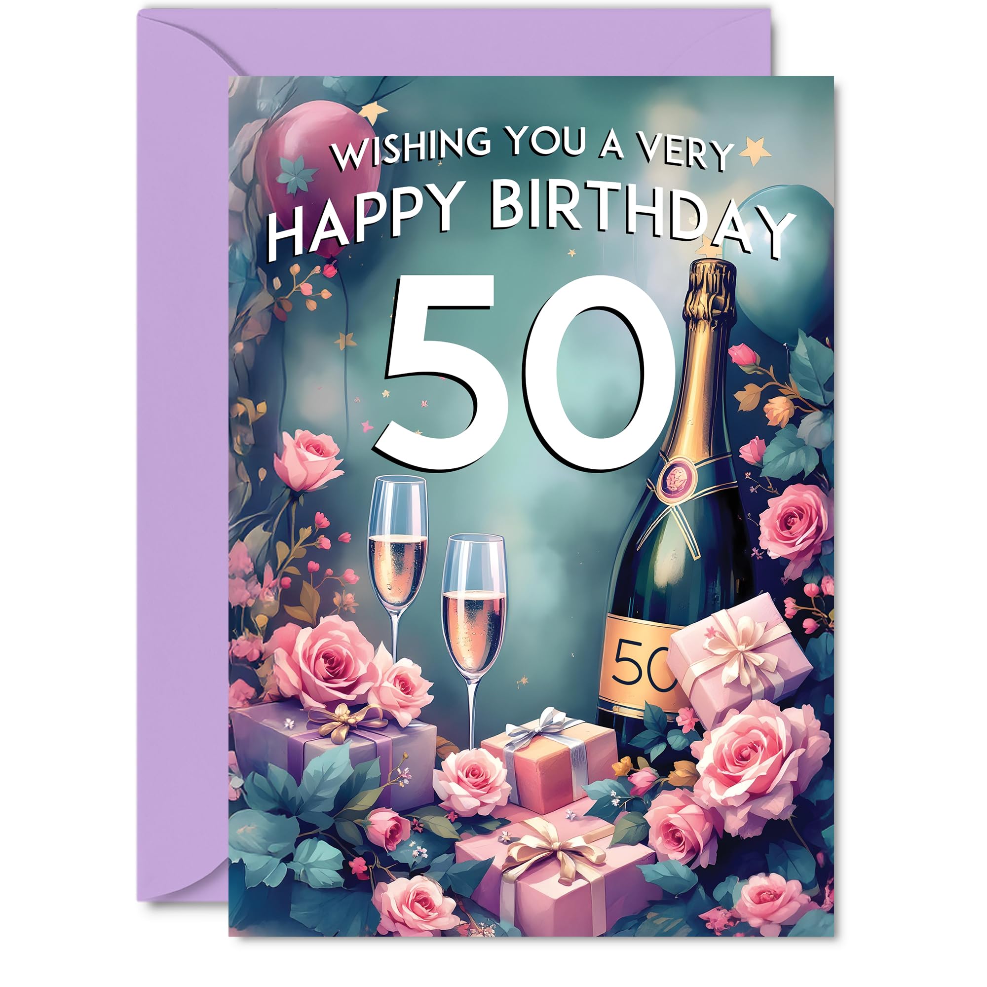 50th Birthday Card, Pink Presents Champagne Bottle