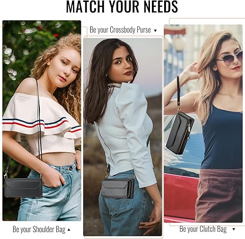 Miniatura 9 de Funda tipo cartera cruzada compatible con iPhone 15 Pro Max con bloqueo RFID, soporte para 10 tarjetas, de piel sintética suave, cierre magnético,