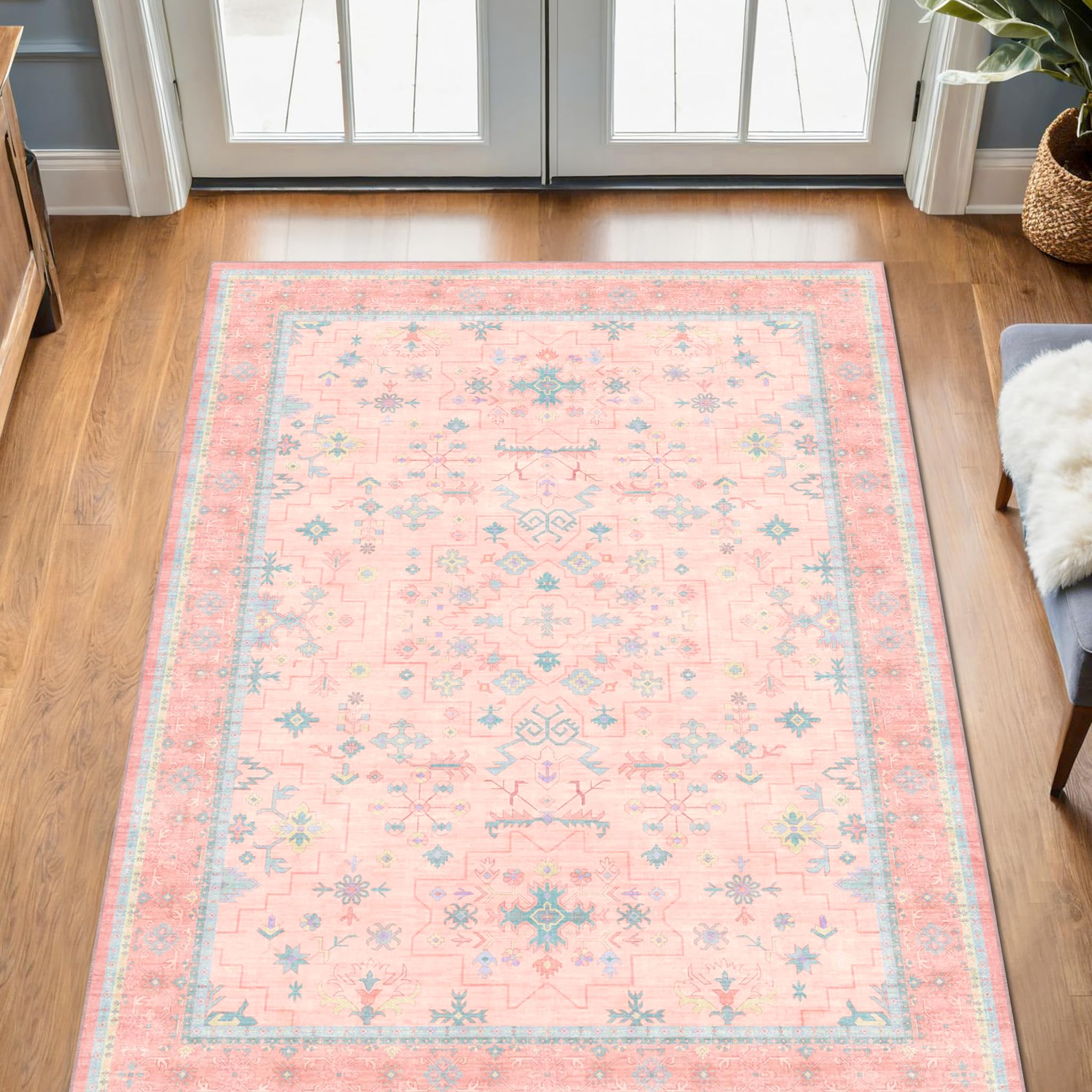 Hazo Haus Alfombra de área para cuarto de bebé, 4 x 6 pies, color rosa, para dormitorio de niñas, lavable, de pelo bajo, para sala de estar, diseño bohemio encantador, alfombra antideslizante perfecta