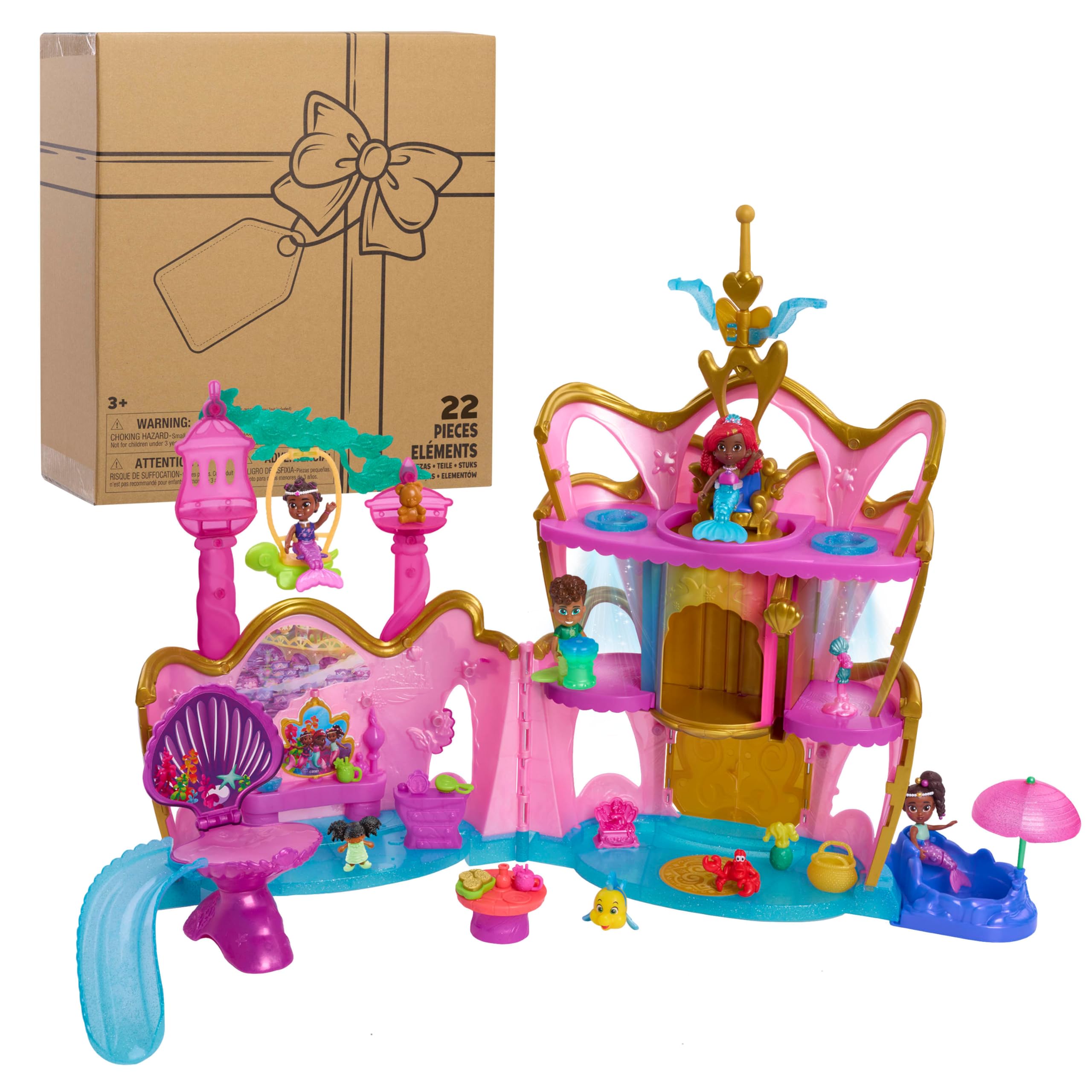 Just Play Disney Junior Ariel Deluxe Atlantica Palace Playset with 4" Figure, Lights and Sounds, 22 Piece Bonus Pieces, Ages 3+